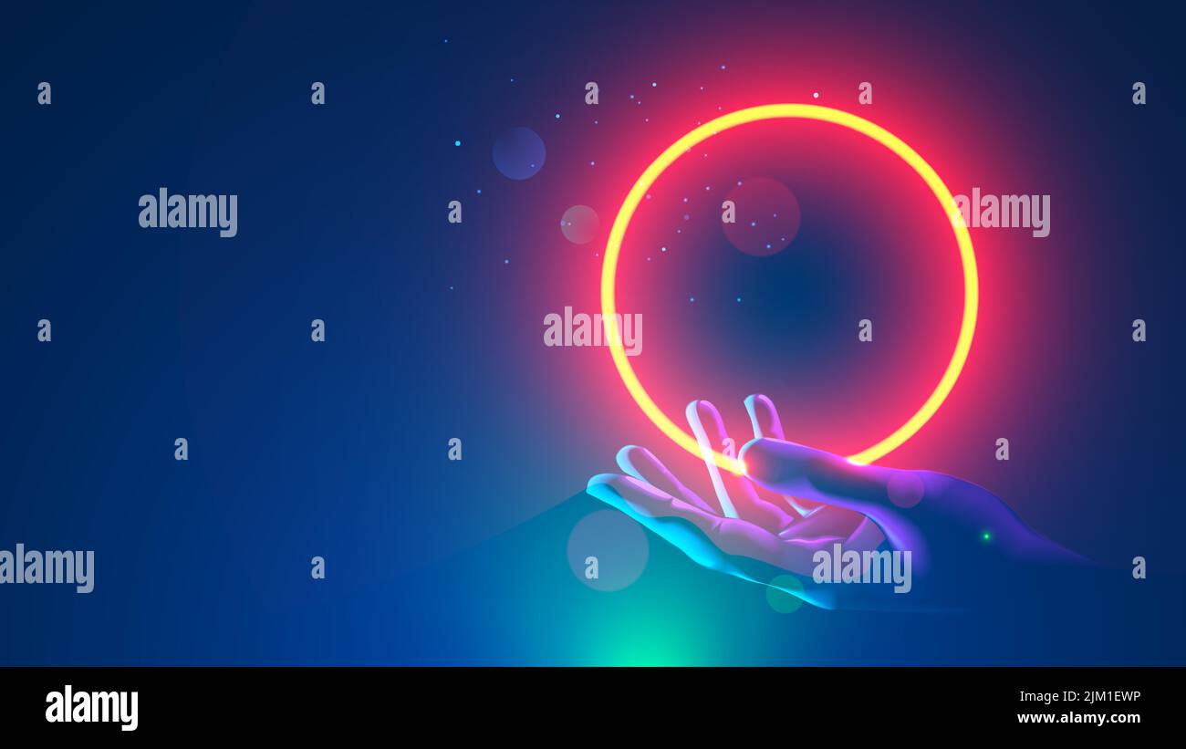 Futuristic round red neon frame over hand human. Abstract circle light hanging over palm of scientist. template banner for technological presentation Stock Vector