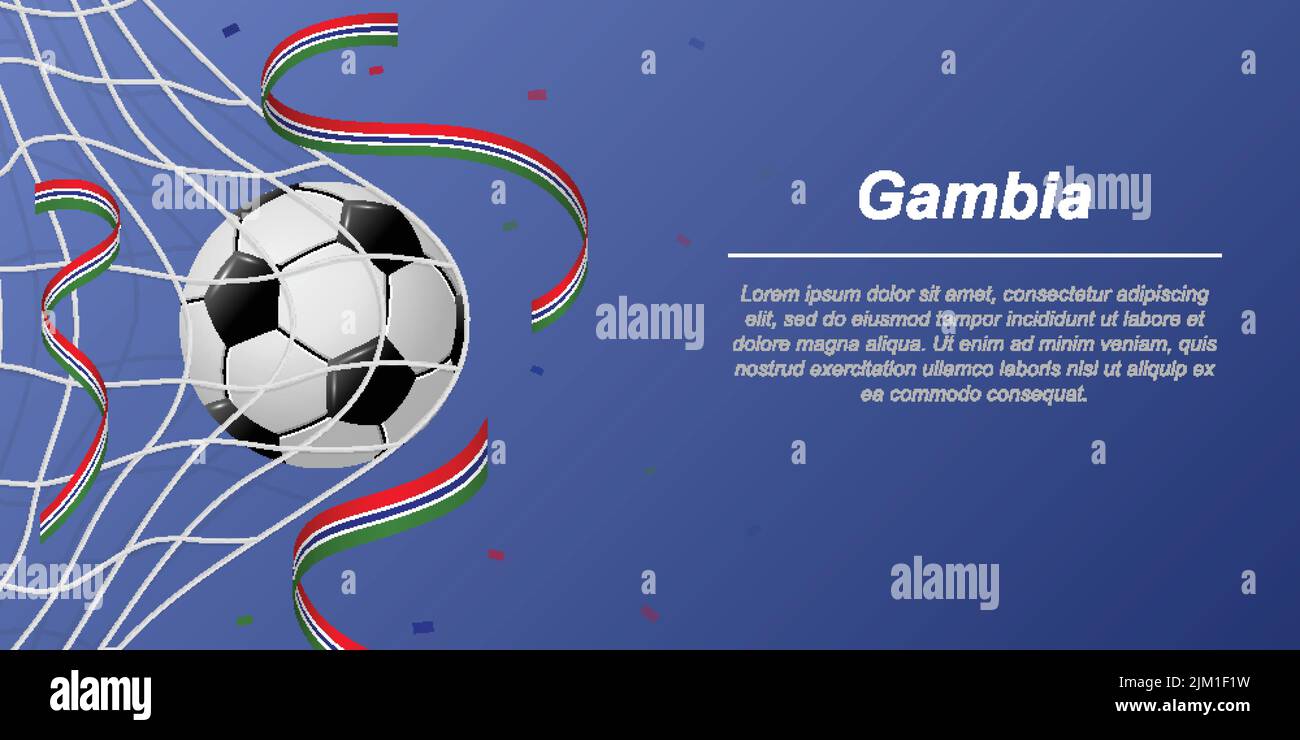 Soccer background with flying ribbons in colors of the flag of Gambia. Realistic soccer ball in goal net. Stock Vector
