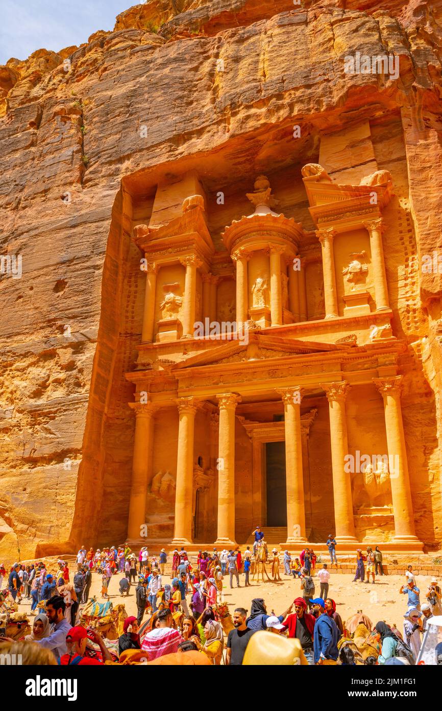 Crowds looking at the Treasury building from in Petra Jordan. Stock Photo