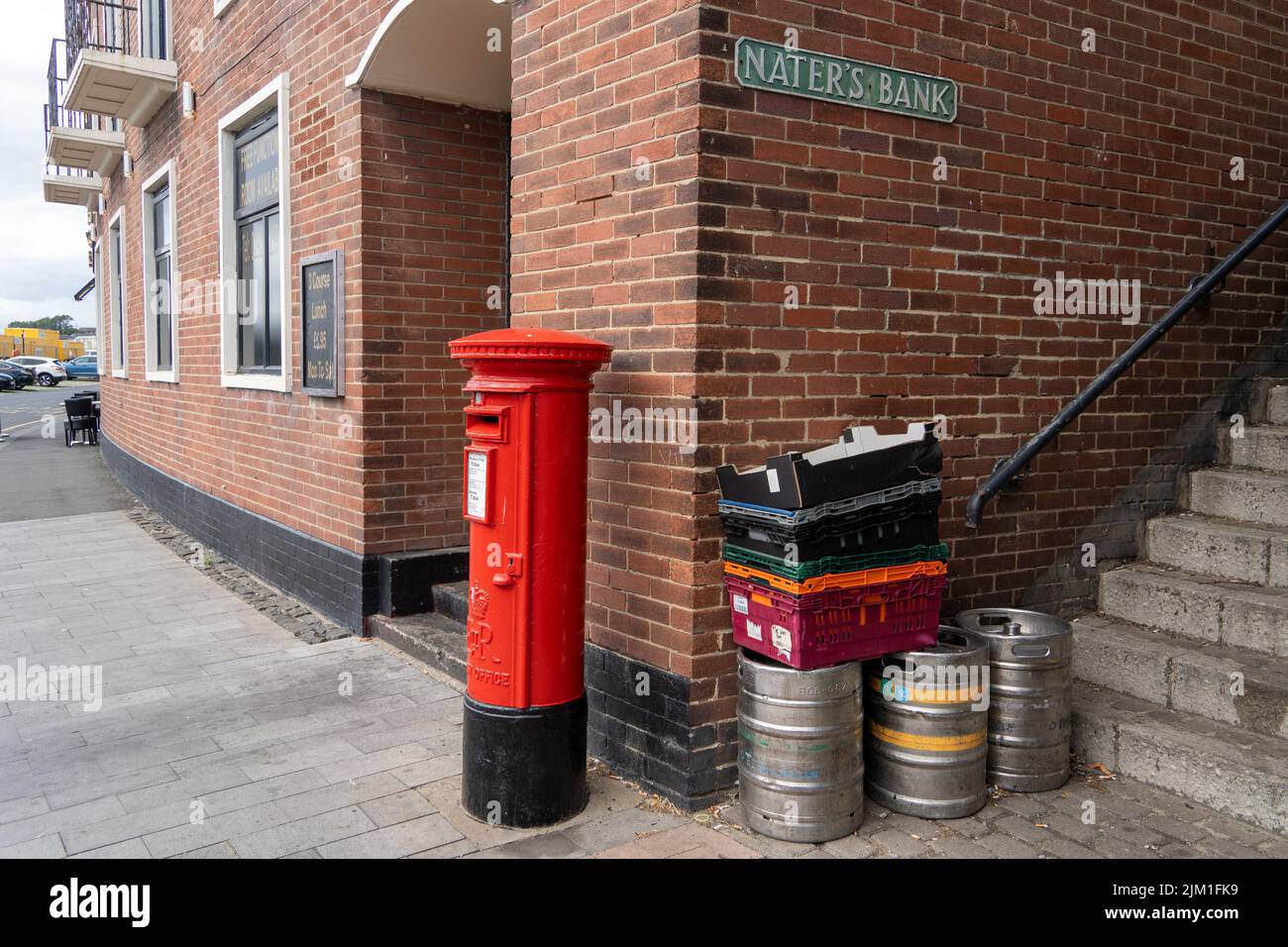 Royal Mail post box on the Fish Quay, North Shields, North Tyneside, UK, as the Communication Workers Union (CWU) plan to strike over pay. Stock Photo