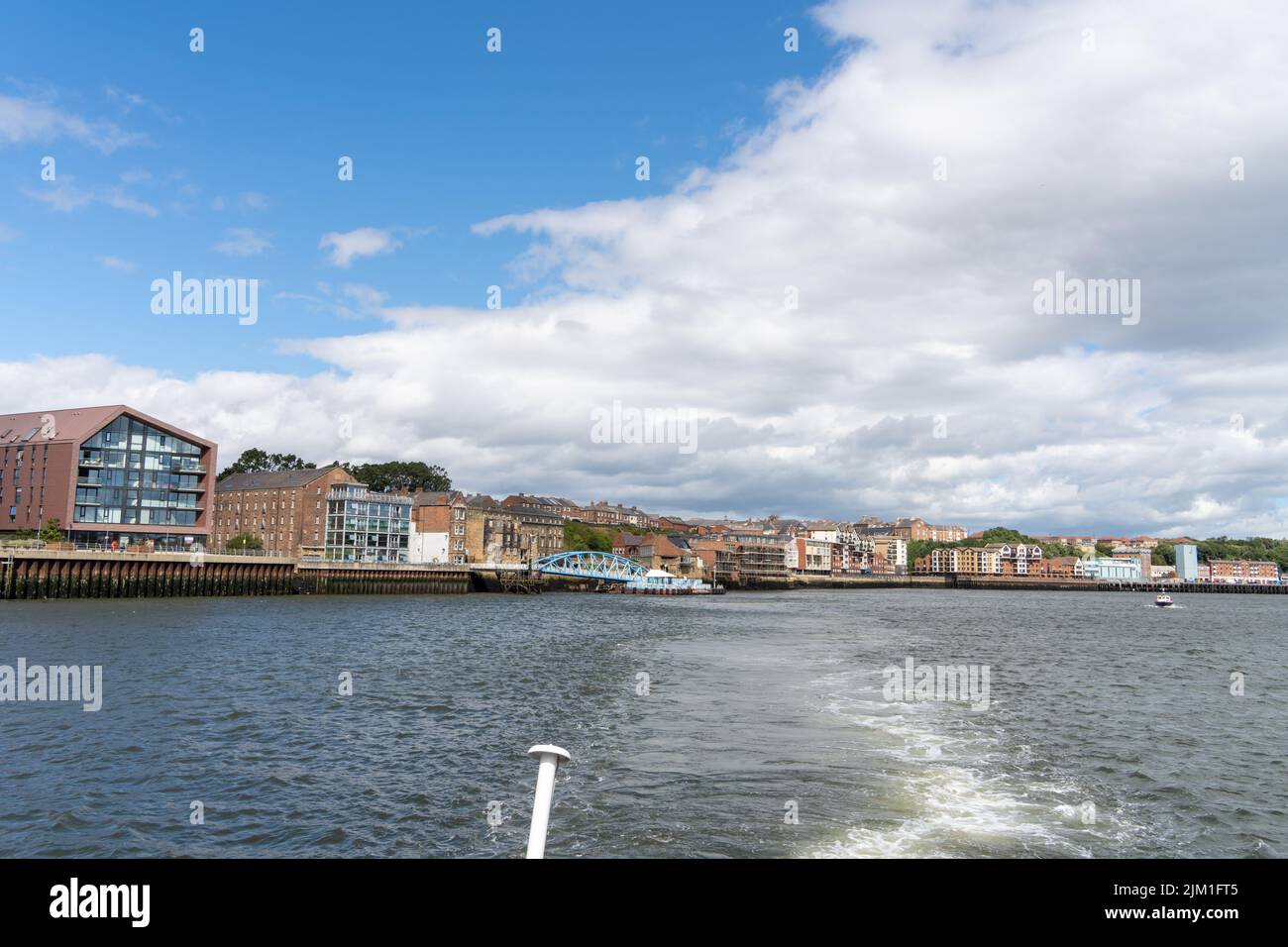 View of the town of North Shields, UK 's waterfront from the Pride of the Tyne ferry while crossing the river, Tyneside, UK Stock Photo