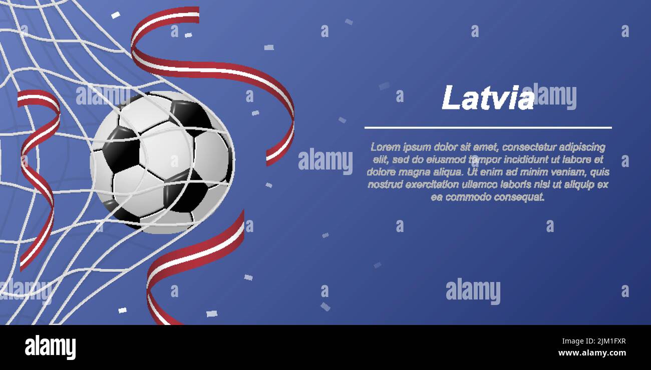Soccer background with flying ribbons in colors of the flag of Latvia. Realistic soccer ball in goal net. Stock Vector