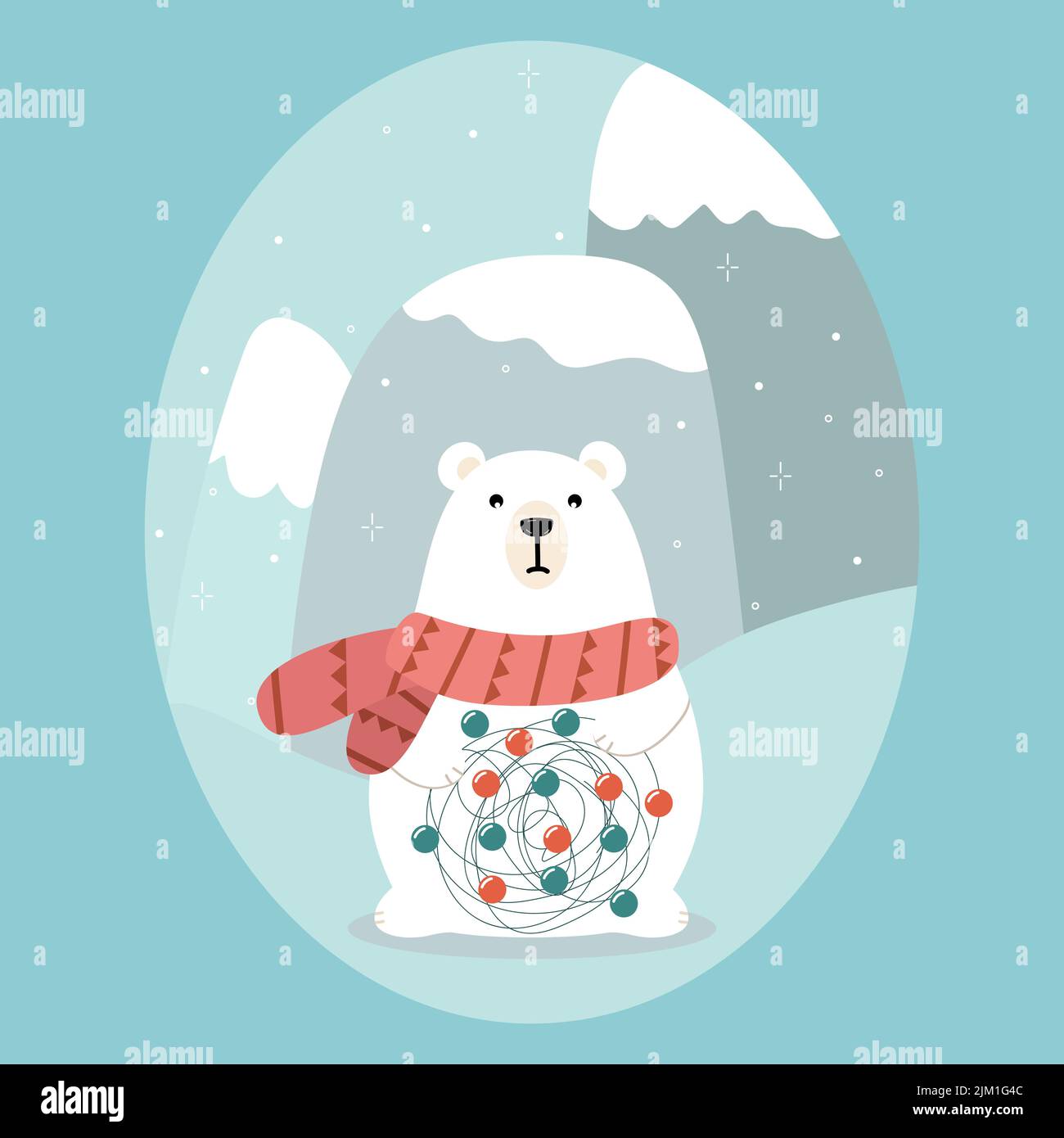 Christmas card with white bear in scarf holding entangled garland. Vector illustration in hand drawn style. Stock Vector