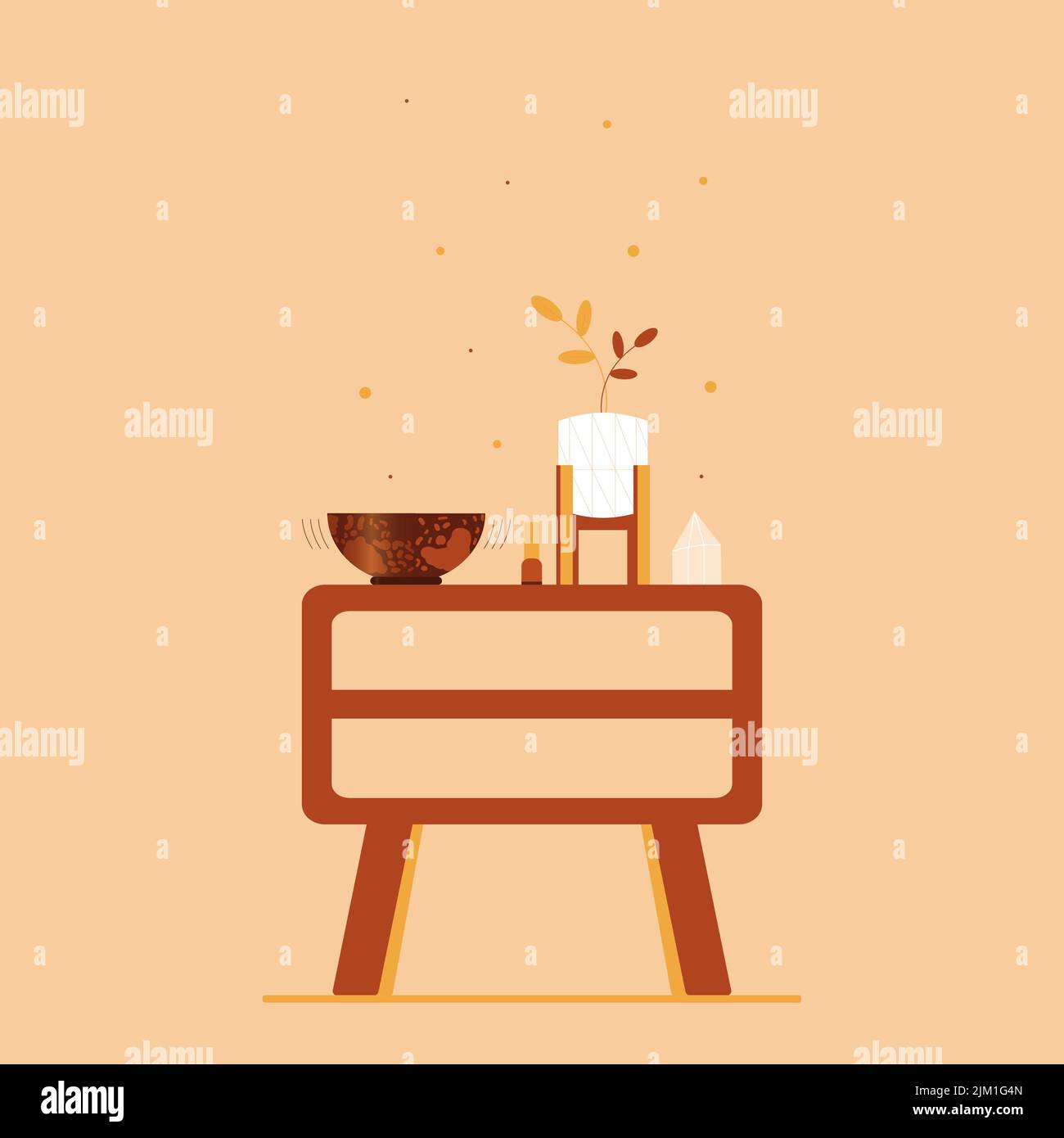 Vector illustration with cabinet, Tibetan healing bowl, stick, flower in wooden vase and magic crystal. Stock Vector