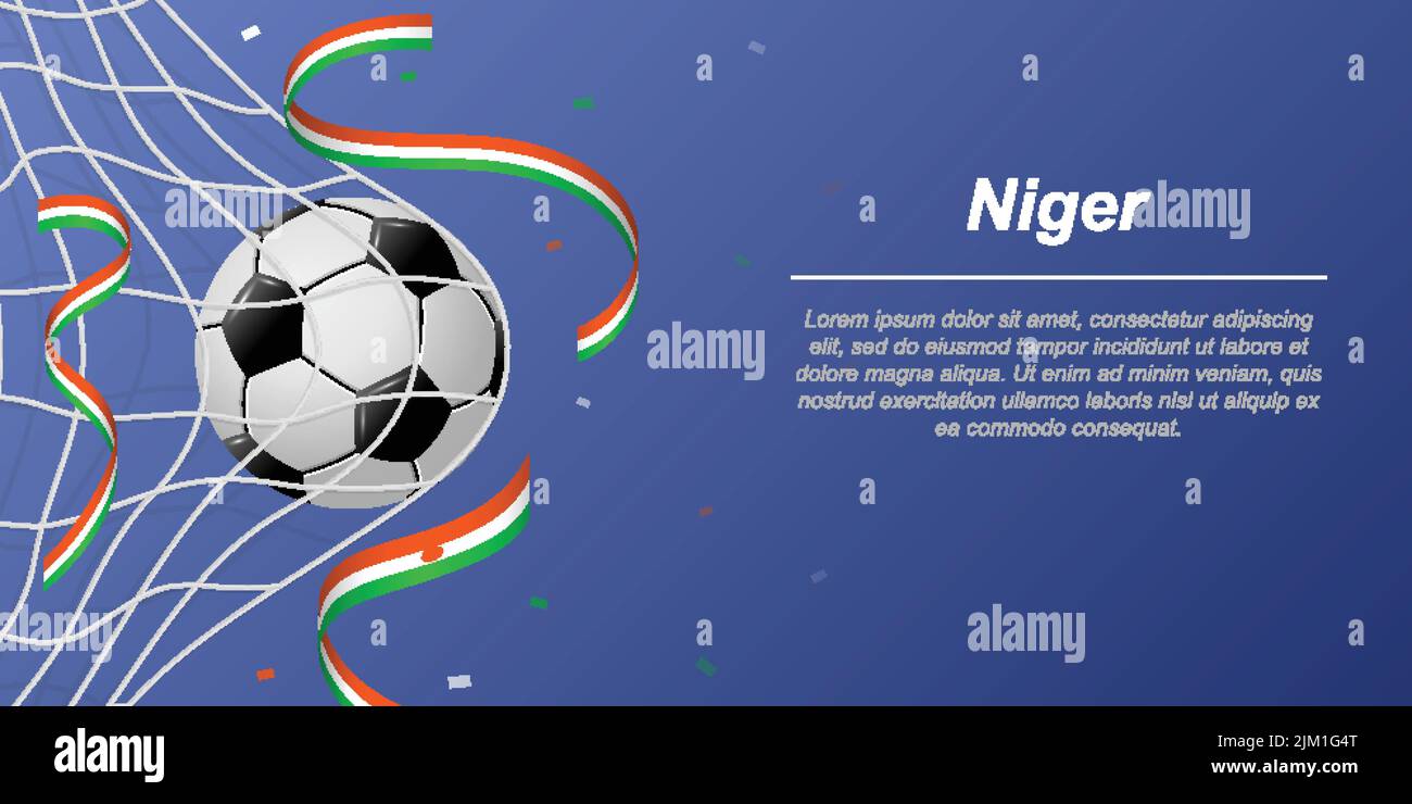 Soccer background with flying ribbons in colors of the flag of Niger. Realistic soccer ball in goal net. Stock Vector