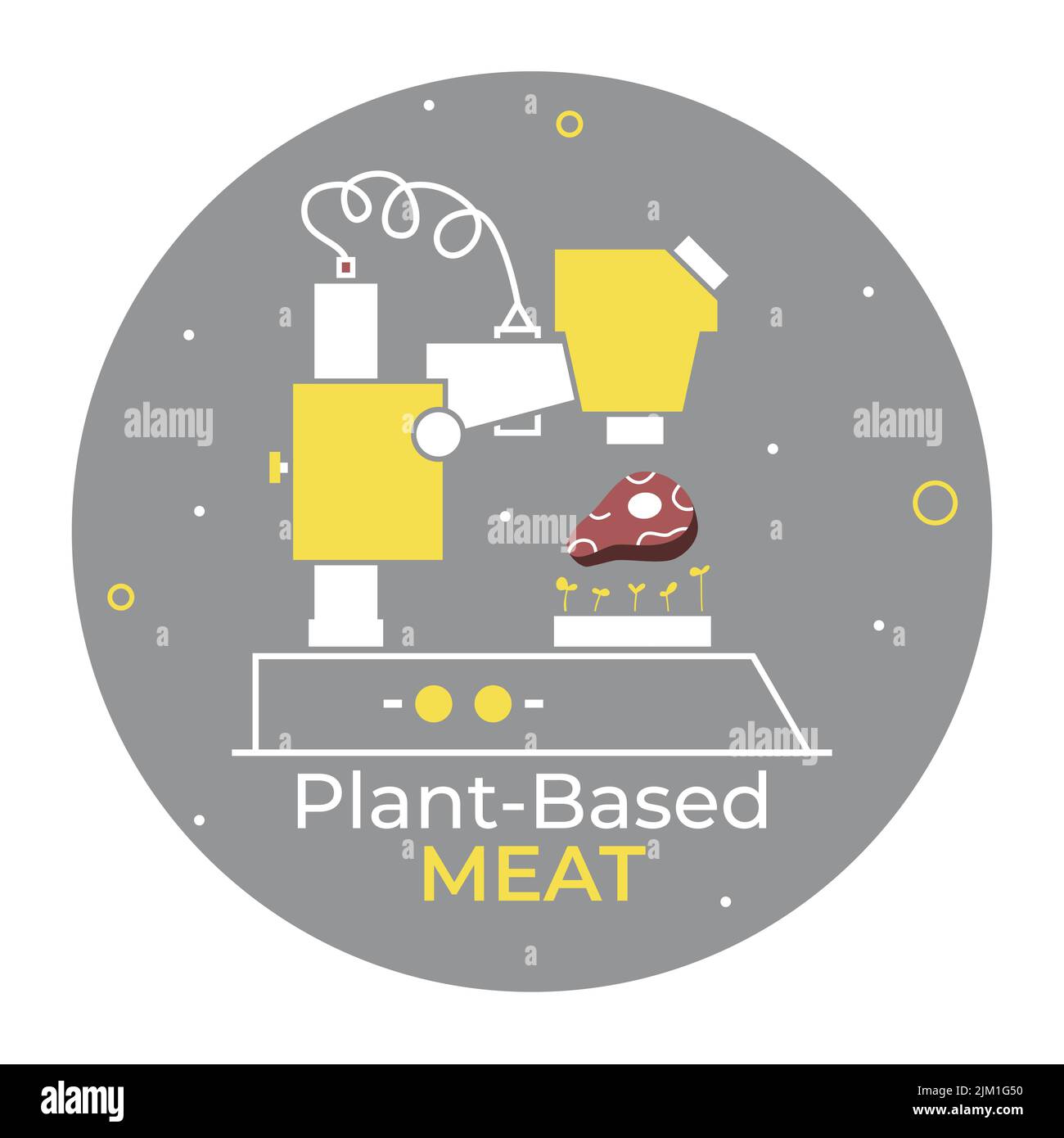 Vector illustration. The concept of plant based meat grown in laboratory. Picture in yellow and gray colors. Stock Vector