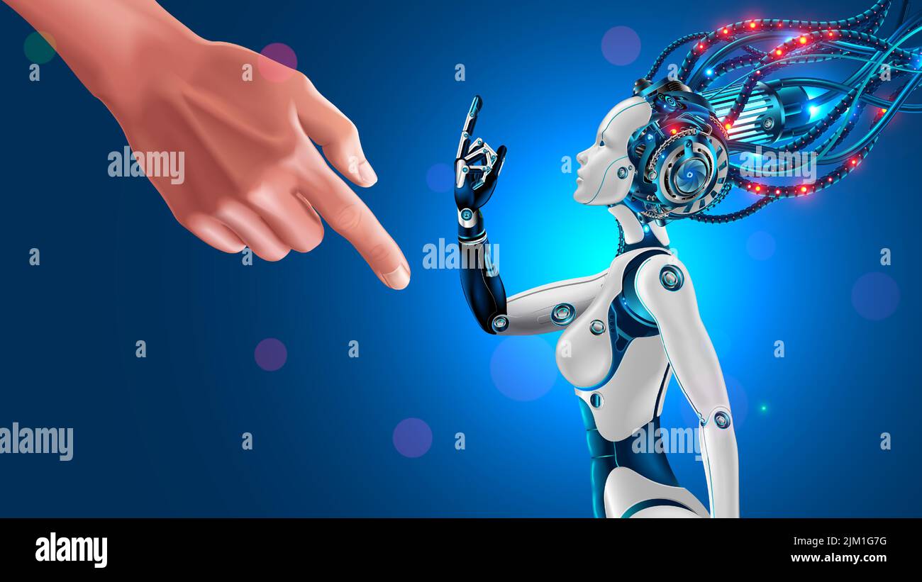 Woman robot showing ''fuck you'' gesture of humans. Proud cyborg with AI refuses to follow orders. Human hand points AI to task. error, glitch of Robo Stock Vector