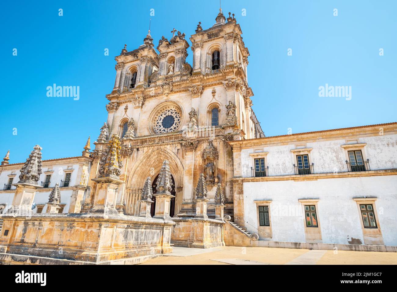 View to facade of cistercian Monastery de Santa Maria in Alcobaca. Portugal Stock Photo