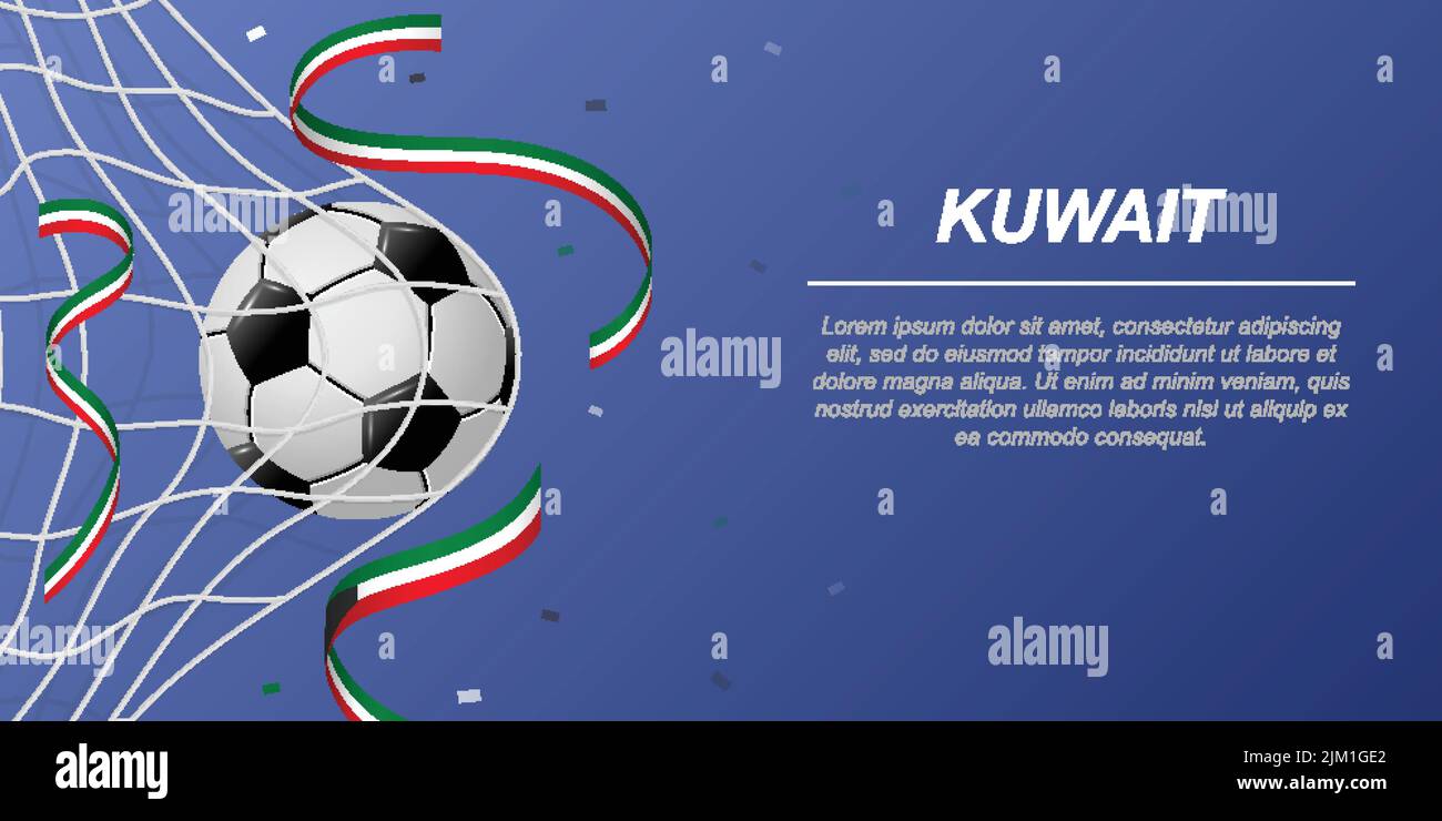 Soccer background with flying ribbons in colors of the flag of Kuwait. Realistic soccer ball in goal net. Stock Vector