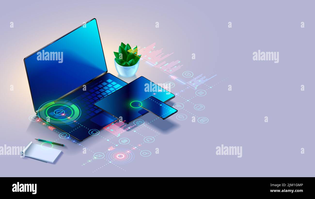 Laptop, tablet, phone on table in isometric. Tech icons of computer technology, software develop over computer devices on white background. Dark empty Stock Vector