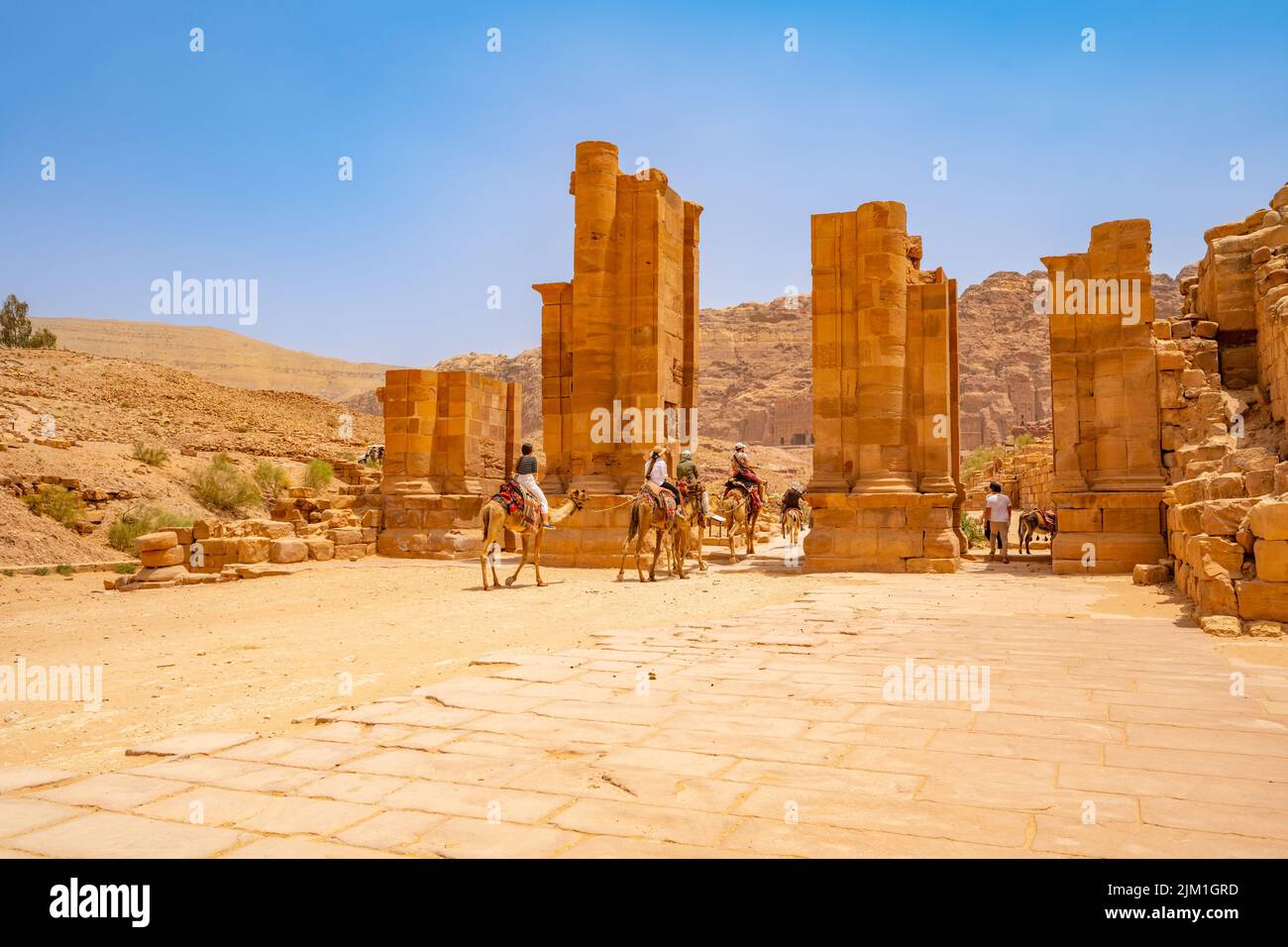 Camels passing through the Temenos Gate on Colonnaded Street Petra Jordan. Stock Photo