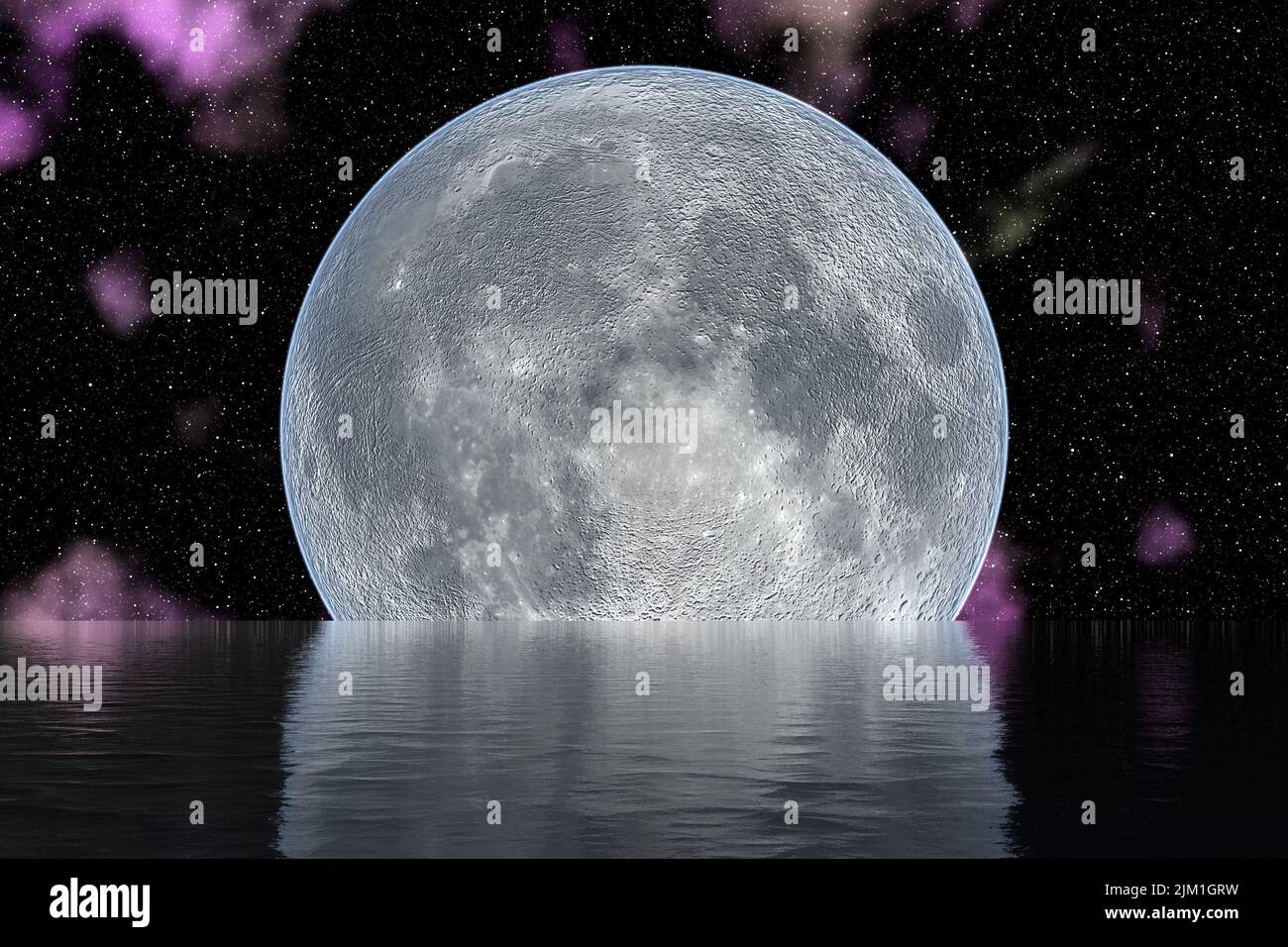 Moon in front of deep space with water reflection. No NASA images. Stock Photo