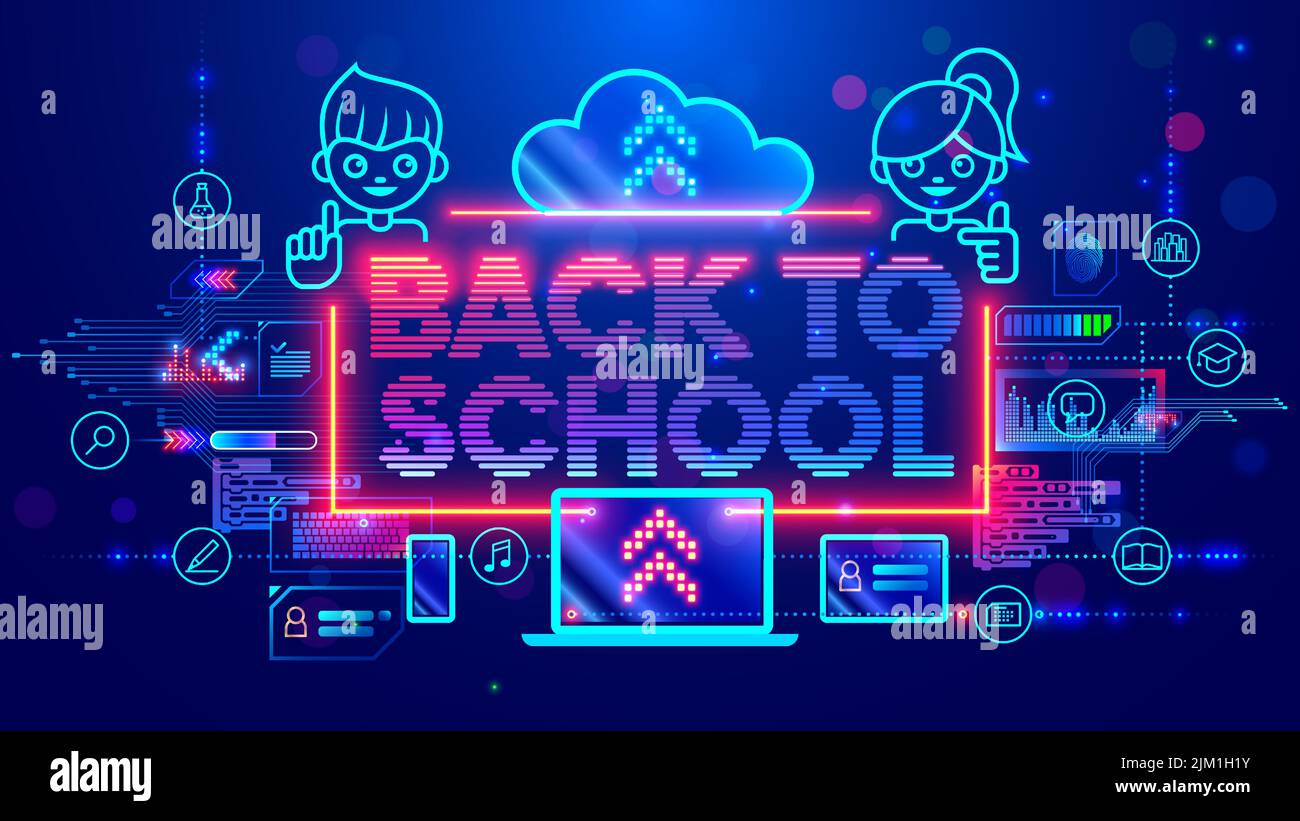 Tech cartoon frame with title back to school. Banner with boy, girl, laptop, kids doodle electronic devices and icons of school subjects. Neon letters Stock Vector