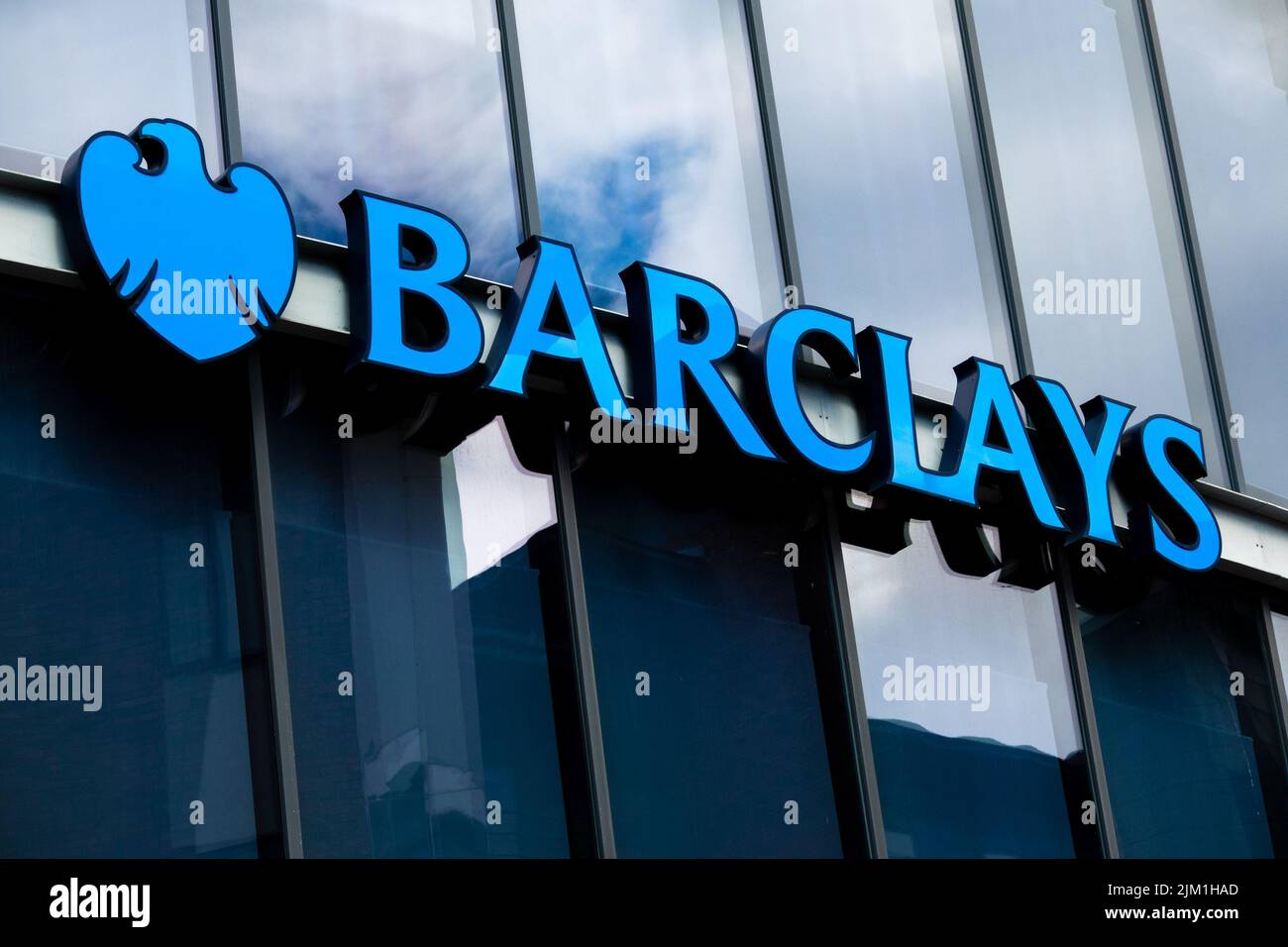 Barclays blue sign on a bank window in Newcastle. Stock Photo