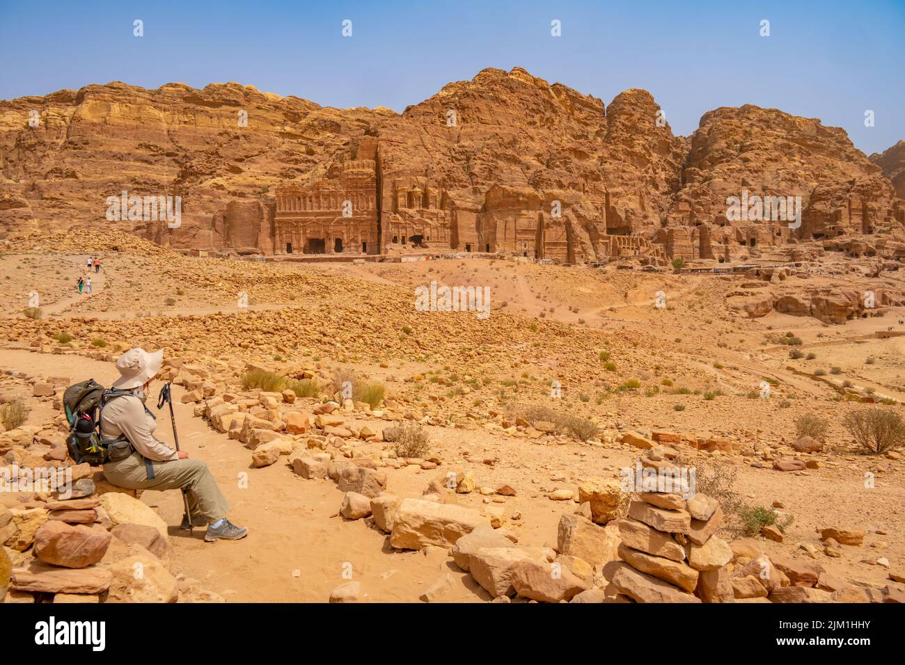 Looking towards the Royal Tombs in Petra Jordan Stock Photo