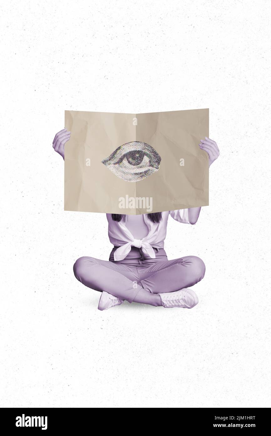 Collage artwork graphics picture of lady sitting legs crossed reading