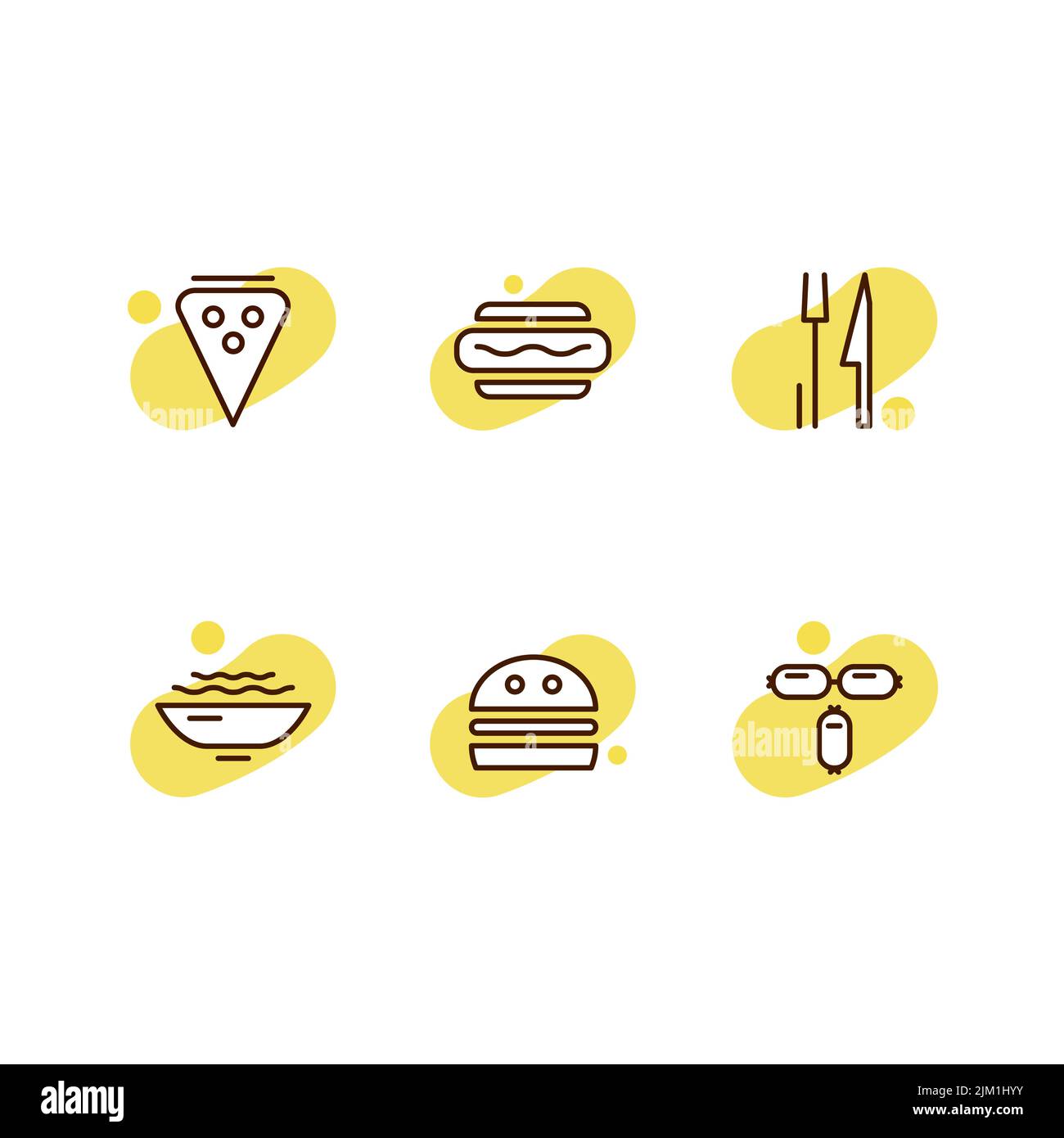 Set of vector icons on the theme of meat. Brown stroke and yellow background at each icon. Stock Vector