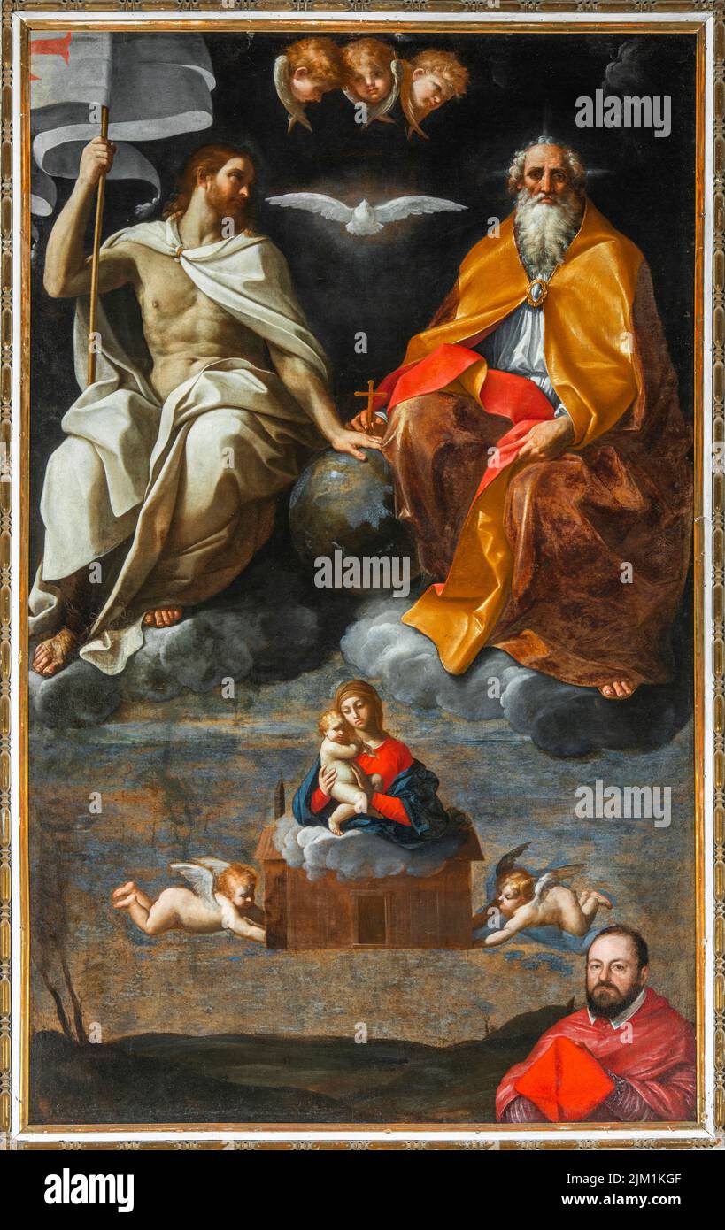The Trinity with the Madonna of Loreto and the donator cardinal Antonio Maria Gallo. Museum: Parrocchia Santissima Trinità, Osimo. Author: GUIDO RENI. Stock Photo