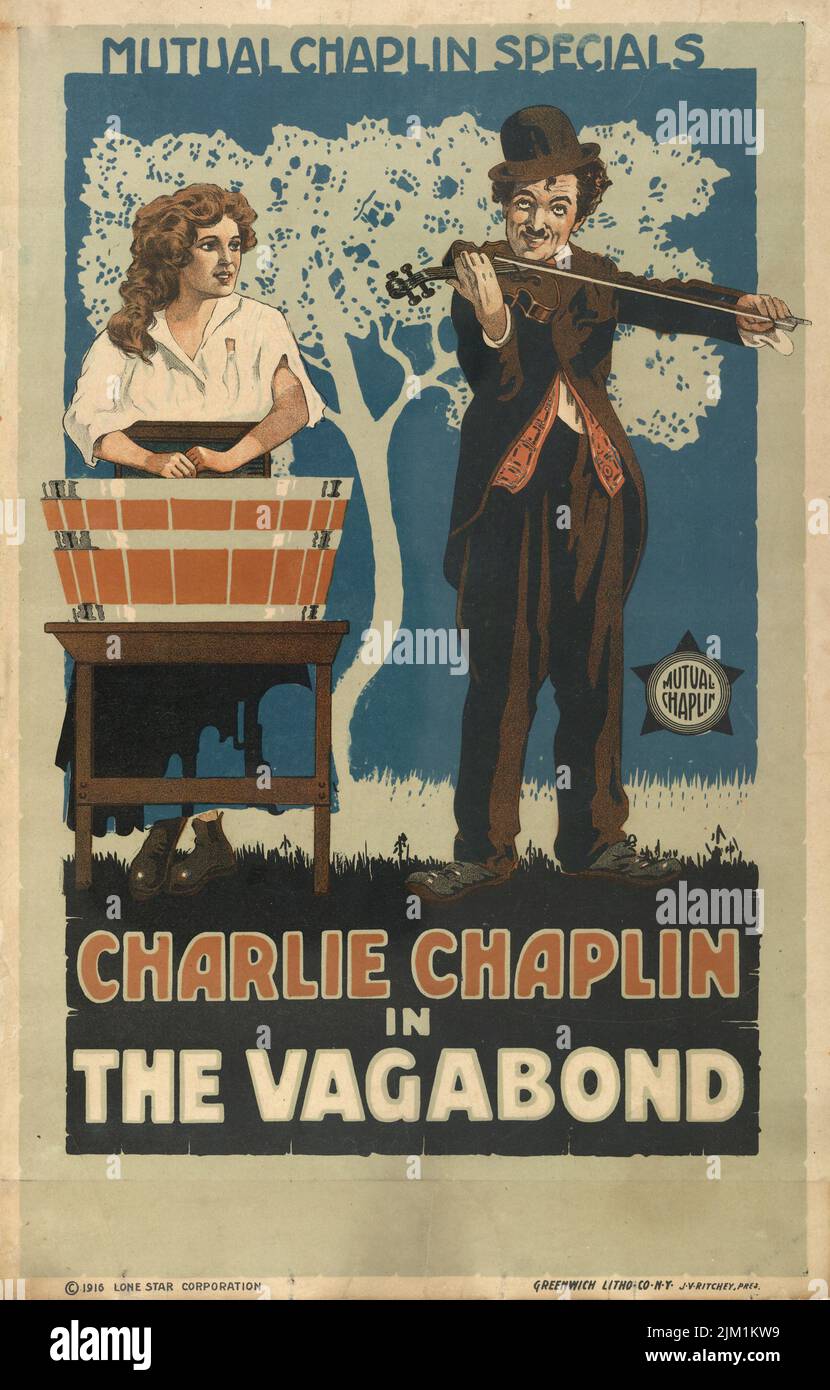 Movie poster 'The Vagabond' by Charlie Chaplin. Museum: PRIVATE COLLECTION. Author: Greenwich Litho. Co. Stock Photo