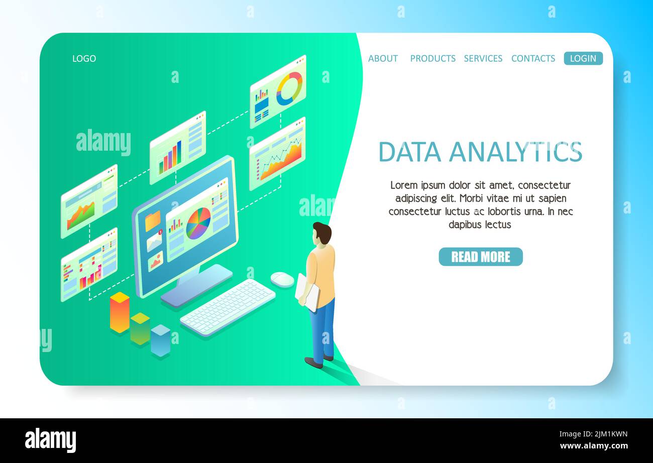 Data analytics landing page website template. Vector isometric illustration of business man compiling and analysing sets of data from dashboard with r Stock Vector