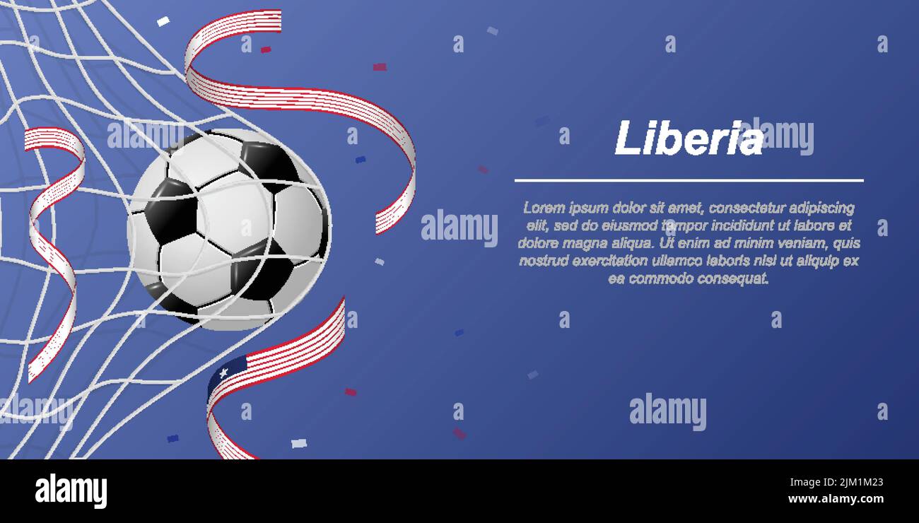 Soccer background with flying ribbons in colors of the flag of Liberia. Realistic soccer ball in goal net. Stock Vector