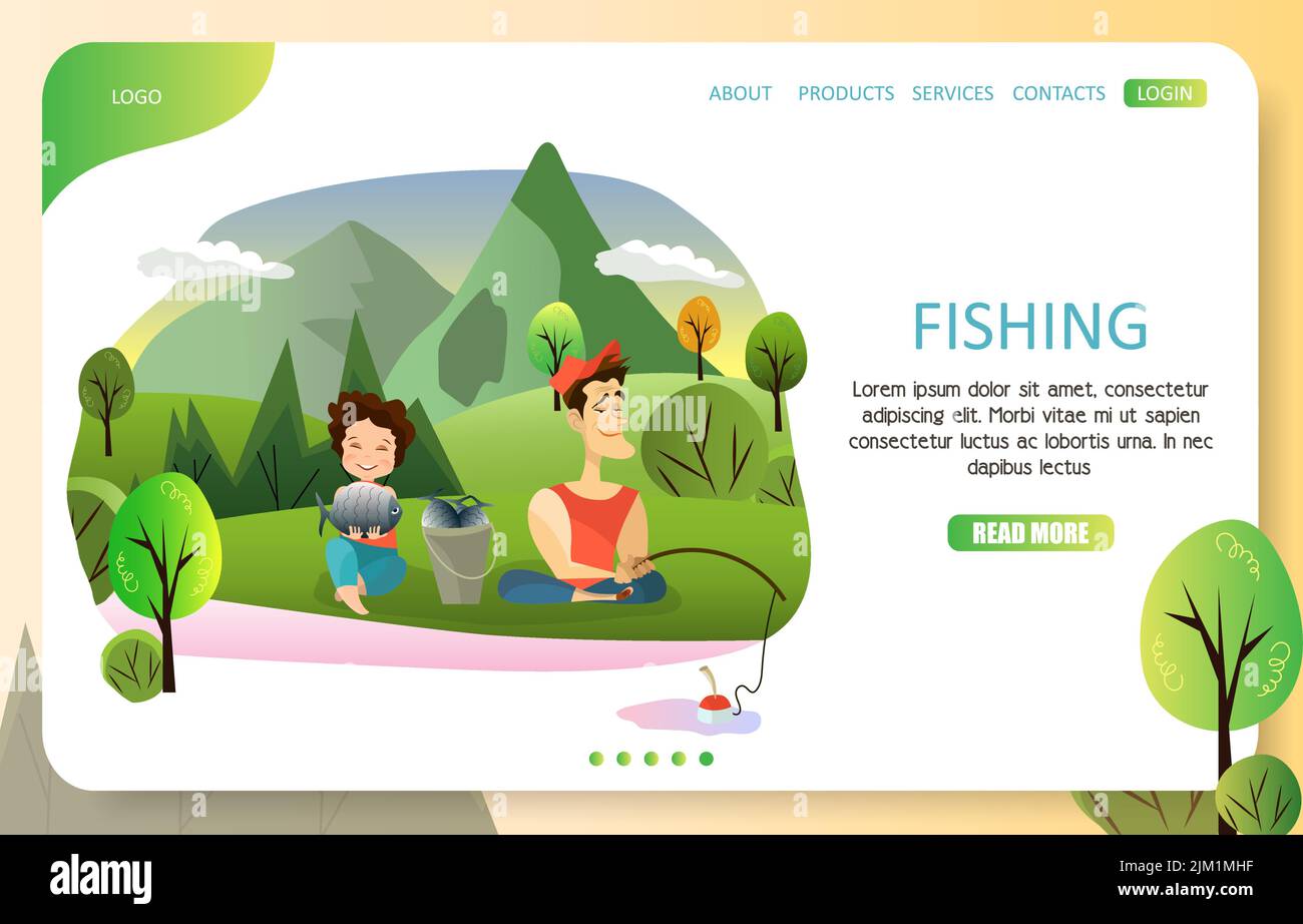 Fishing landing page website template. Vector illustration of happy couple fishing on lake or river bank. Summer vacation, weekend activities concept. Stock Vector