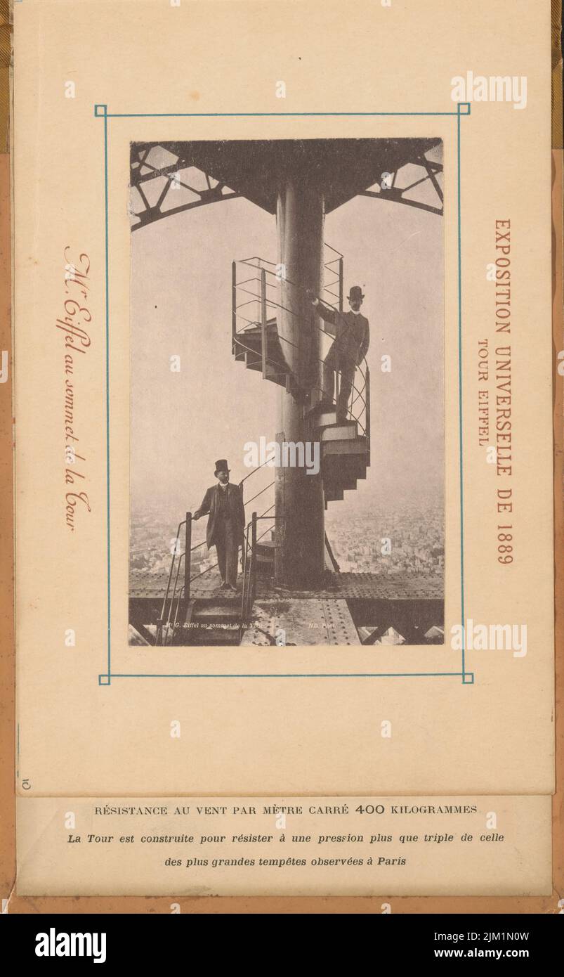 Gustave Eiffel and another man on top of the Eiffel Tower. Museum: PRIVATE COLLECTION. Author: Etienne Neurdein. Stock Photo