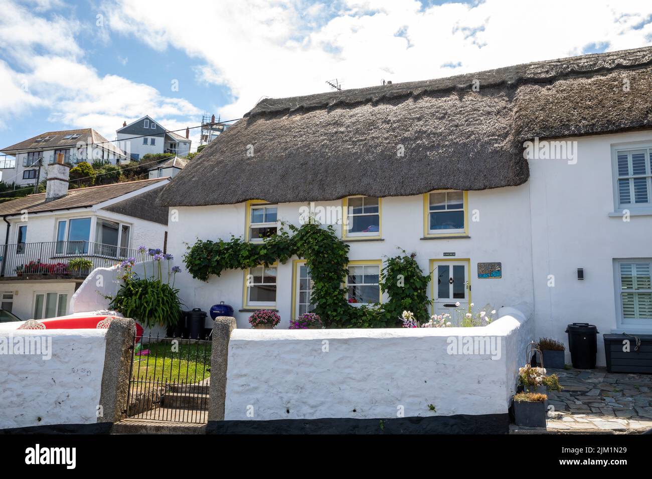 Thatched Roof cottages in Coverack, Cornwall,UK Stock Photo