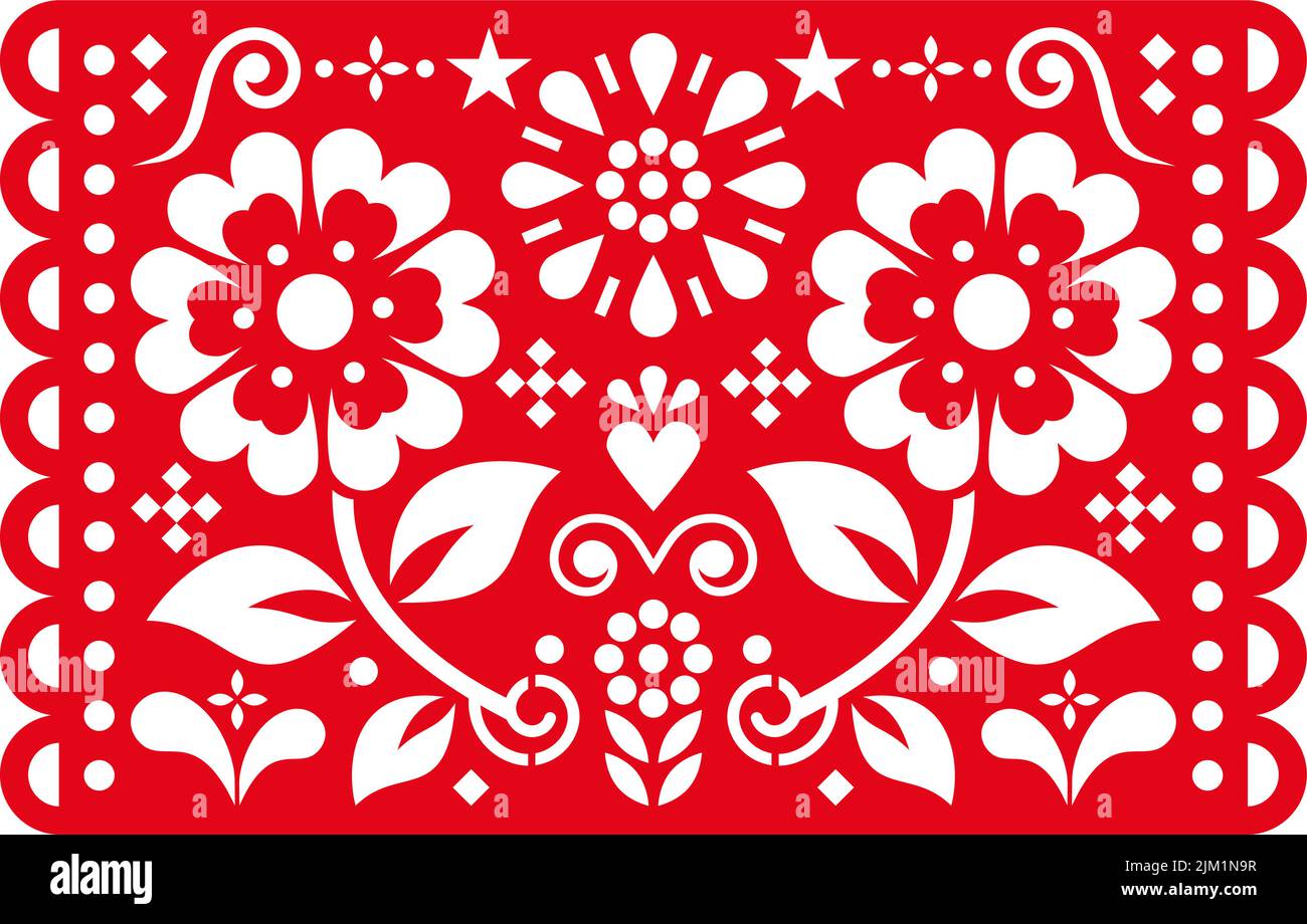 Floral Mexican Papel Picado vector design with floral pattern inspired by traditional fiesta cut out decorations from Mexico Stock Vector