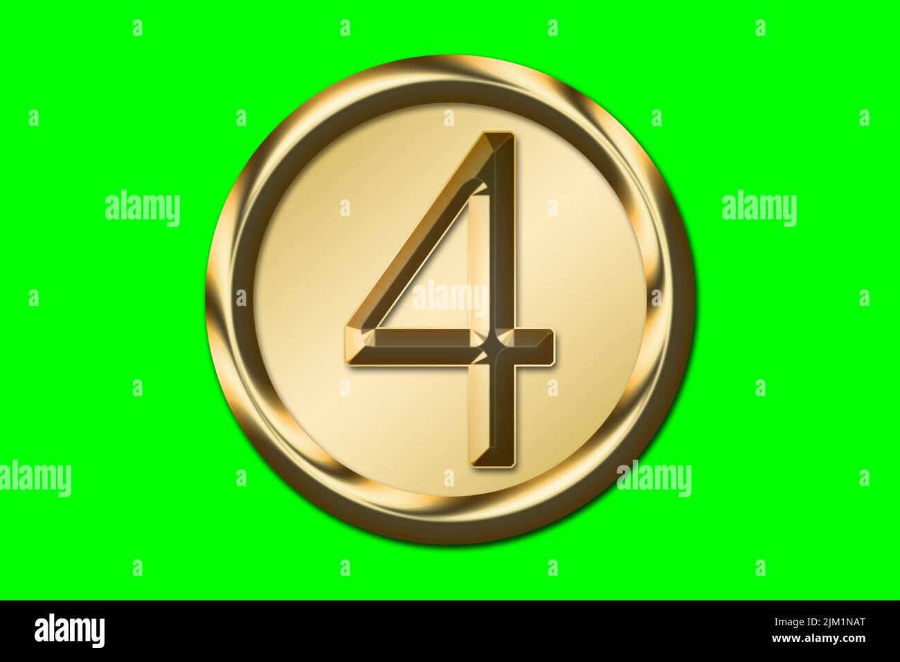 A Number 4 in gold in a golden circle on a green background. Graphic resource concept. Stock Photo