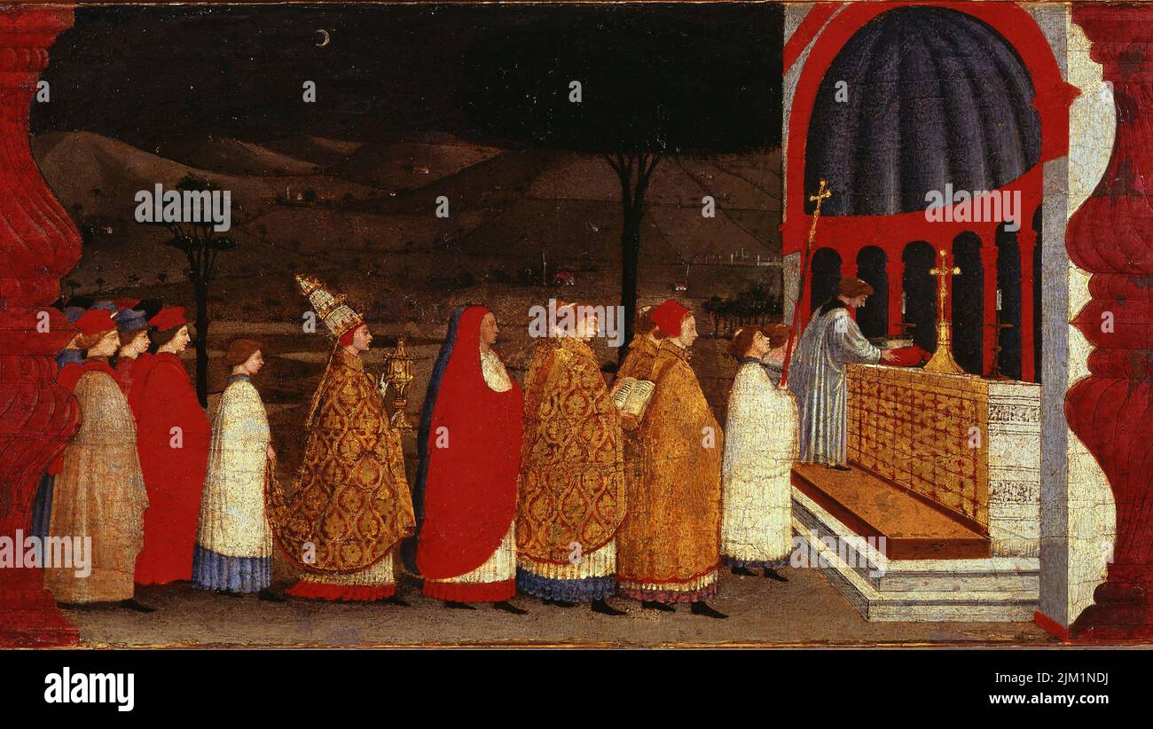 The Miracle of the Desecrated Host (Predella Panel for the church of Corpus Domini in Urbino). Museum: Galleria nazionale delle Marche, Urbino. Author: PAOLO UCCELLO. Stock Photo