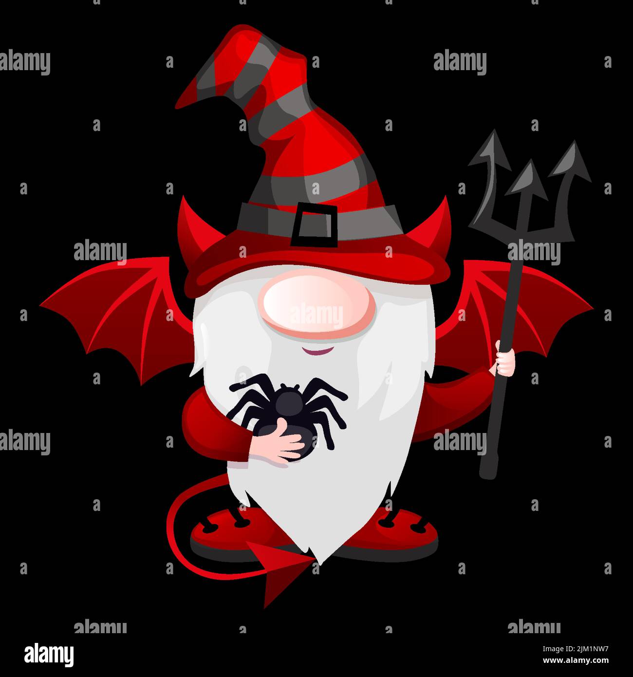 Cartoon Devil Gnome with with the devils trident. Halloween leprechaun character with spider Stock Vector