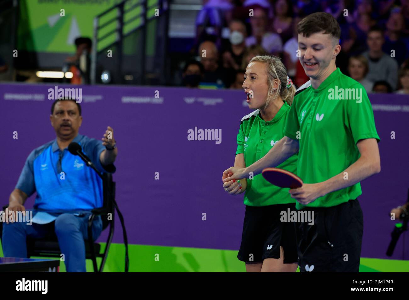 Birmingham, UK. 04th Aug, 2022. Charlotte Carey and Callum Evans of Wales celebrate winning a game against Sam Walker and Maria Tsaptsinos of England in Birmingham, United Kingdom on 8/4/2022. (Photo by Conor Molloy/News Images/Sipa USA) Credit: Sipa USA/Alamy Live News Stock Photo