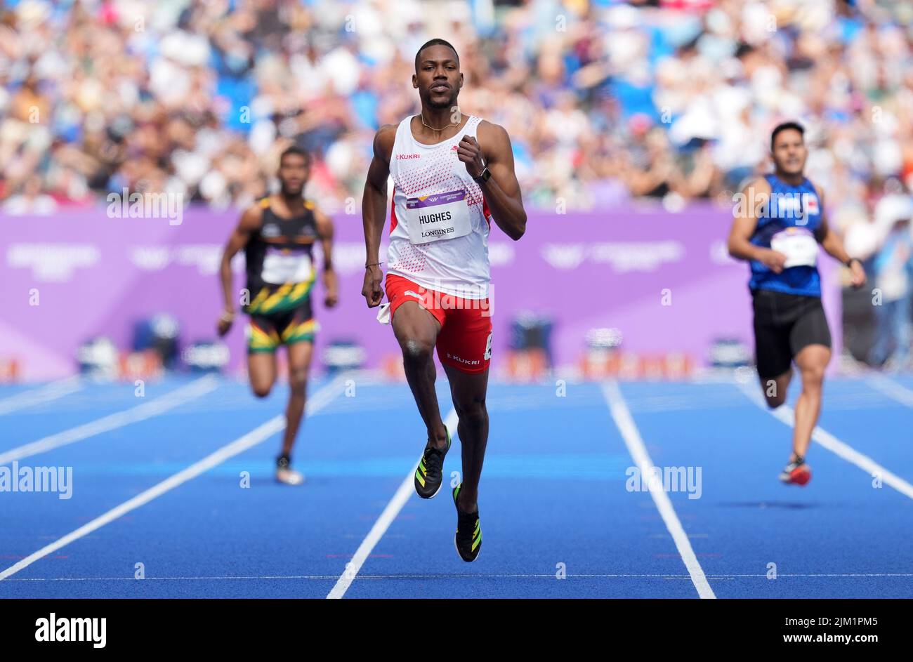 Zharnel Hughes in action during the third heat of the the Men's 200 metres, first round at Alexander Stadium on day seven of the 2022 Commonwealth Games in Birmingham. Picture date: Thursday August 4, 2022. Stock Photo
