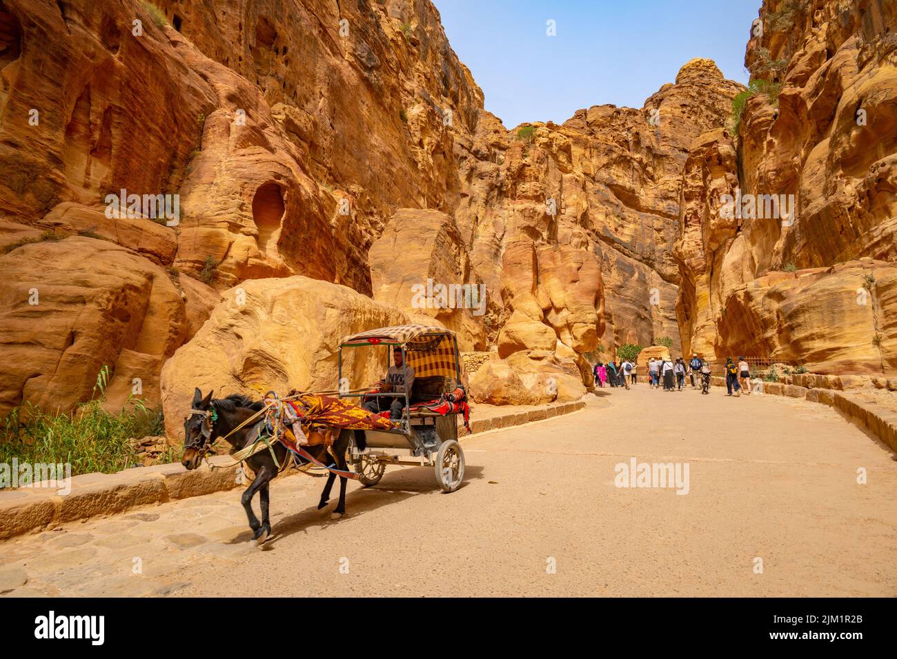 Crowds walking up Al-Siq canyon. From the entrance to Petra Jordan. Stock Photo