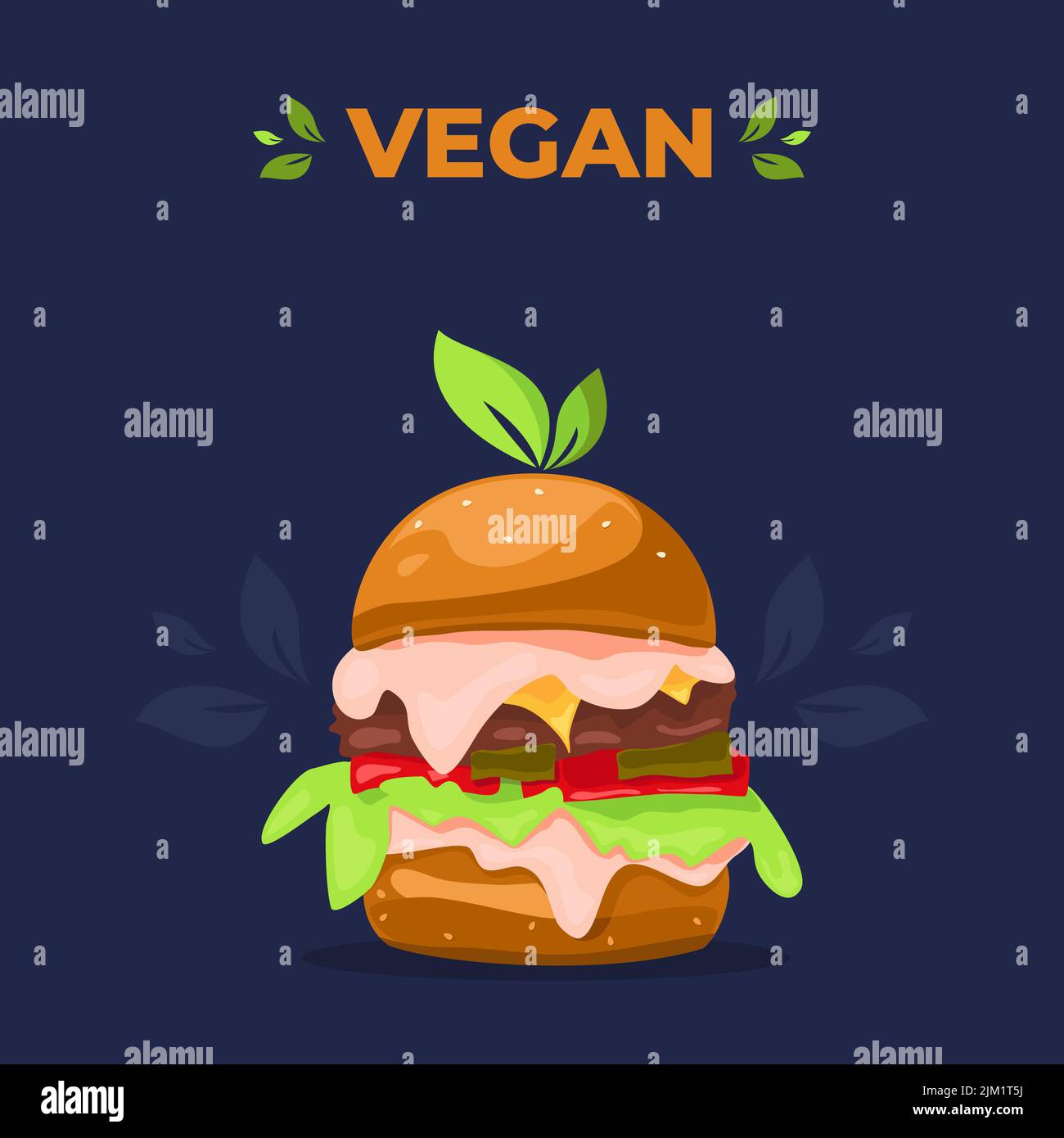 Vector illustration with Delicious burger with plant based meat cutlet. Cooked with care for animals and the environment. Food for Vegetarians. Stock Vector