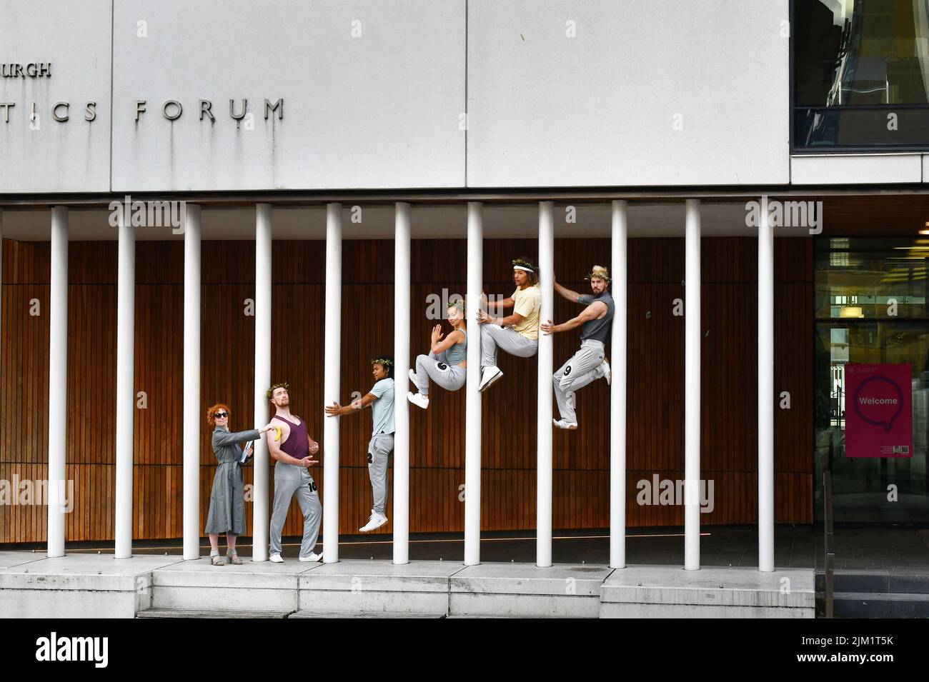Edinburgh Scotland, UK 04 August 2022. Barely Methodical Troupe KIN, photocall at School of Informatics which mirrors the plinths seen in the stage show. credit sst/alamy live news Stock Photo