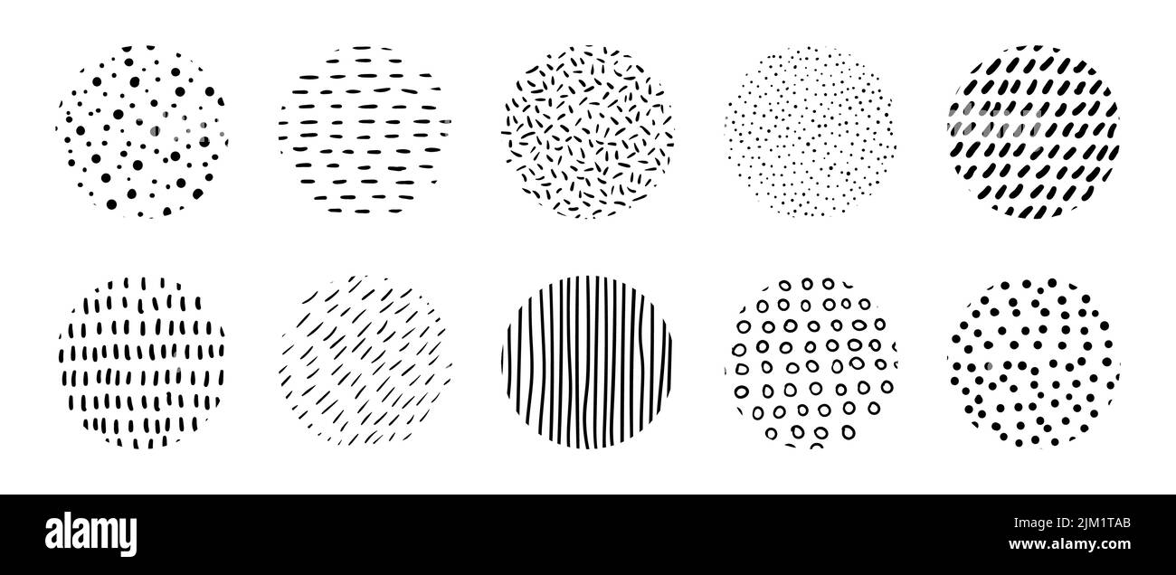 Hand drawn circle textures. Vector abstract doodle artistic scribbles. Minimal dotted and striped patterns Stock Vector