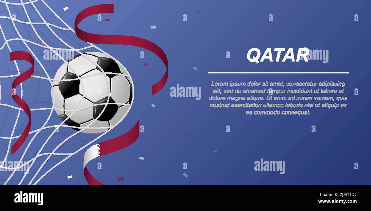 Soccer background with flying ribbons in colors of the flag of Qatar. Realistic soccer ball in goal net. Stock Vector