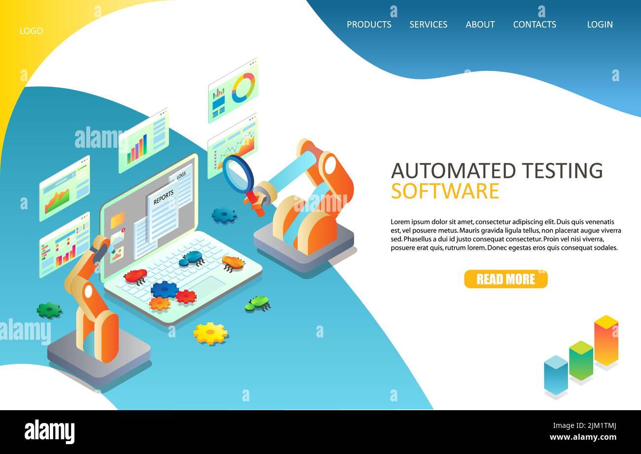 Automated software testing landing page website template. Vector isometric illustration of laptop and reports, diagrams, cogwheels, software bugs, rob Stock Vector