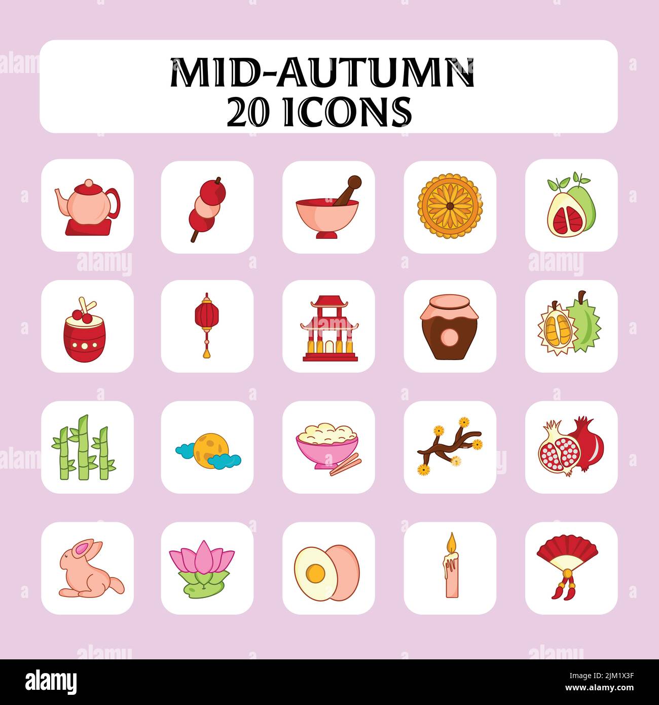 Isolated 20- Mid Autumn Festival Icon Set In Flat Style Stock Vector