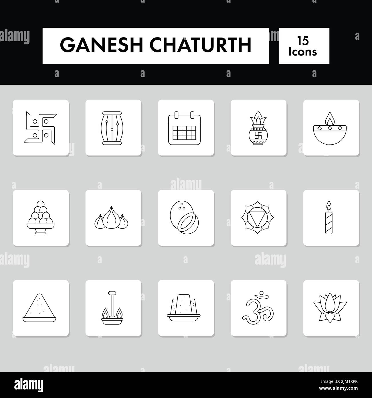 Illustration Of Ganesh Chaturthi Icon Set In Line Art. Stock Vector