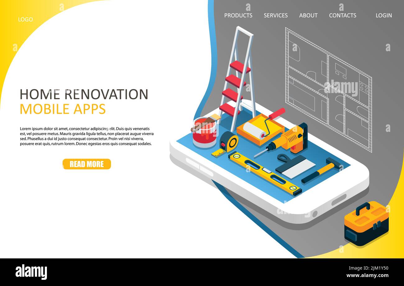 Home renovation mobile apps landing page website template. Vector isometric illustration of smartphone with tool kit on screen and renovation plan of Stock Vector
