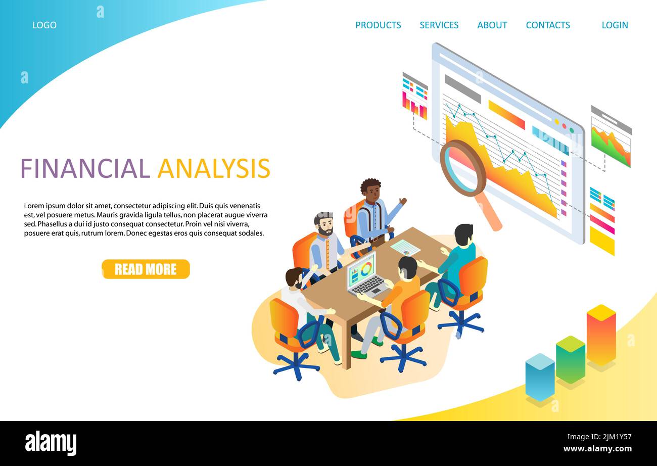 Financial analysis landing page website template. Vector isometric illustration. Company investment audit, data analysis, financial research concept. Stock Vector
