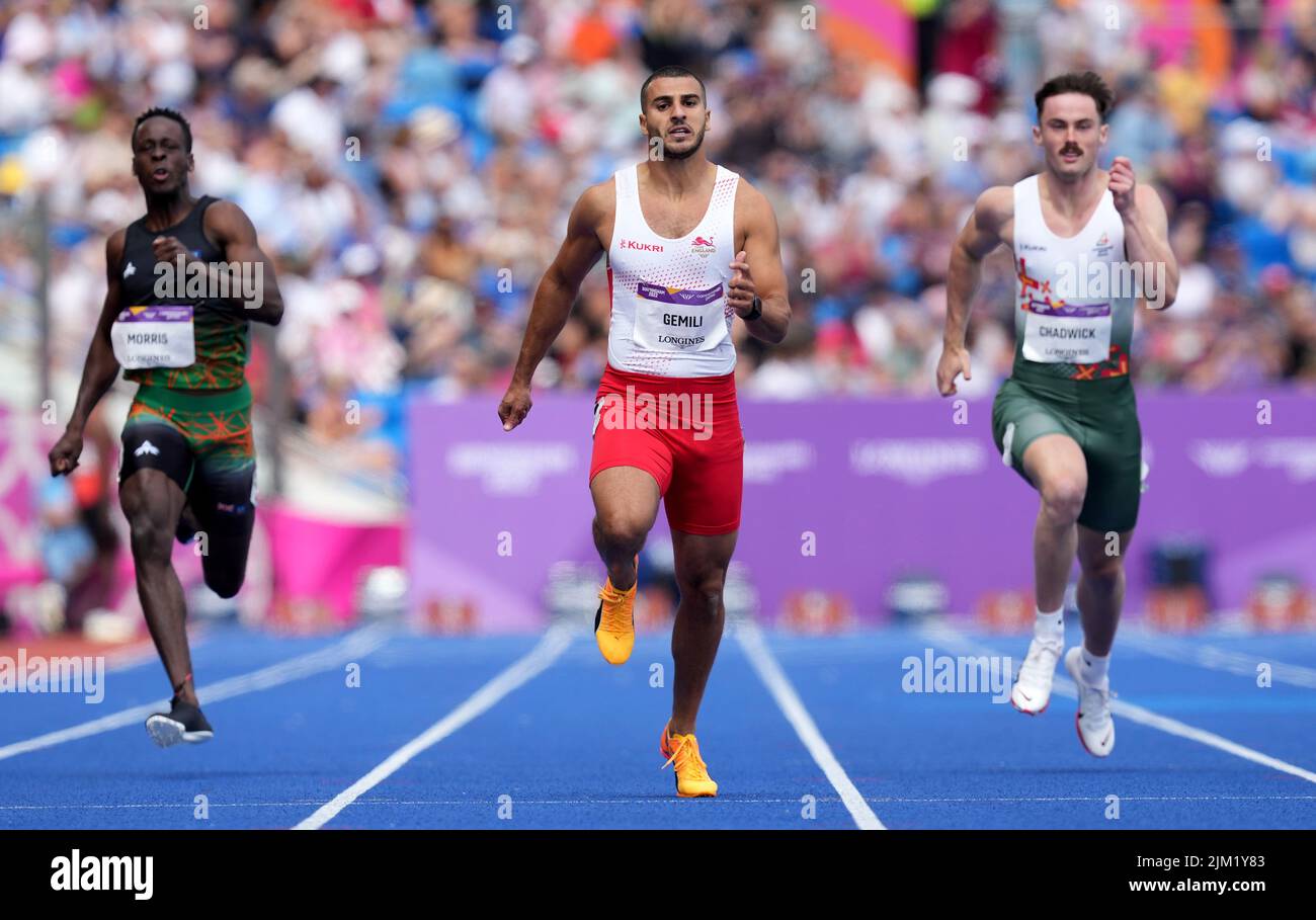 England's Adam Gemili (centre) in action during heat six of the Men's 200 metres, round one at Alexander Stadium on day seven of the 2022 Commonwealth Games in Birmingham. Picture date: Thursday August 4, 2022. Stock Photo
