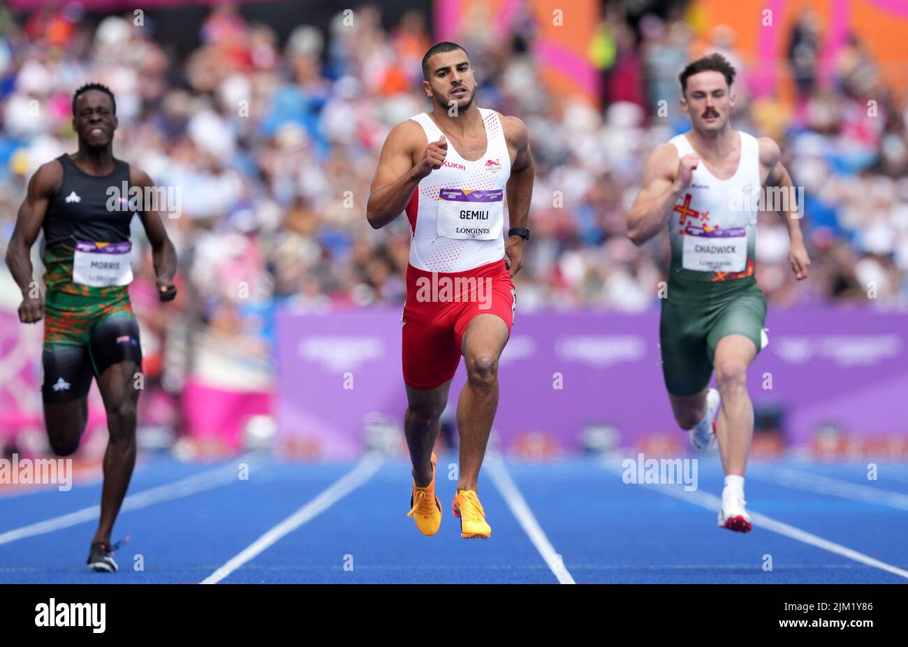 England's Adam Gemili (centre) in action during heat six of the Men's 200 metres, round one at Alexander Stadium on day seven of the 2022 Commonwealth Games in Birmingham. Picture date: Thursday August 4, 2022. Stock Photo