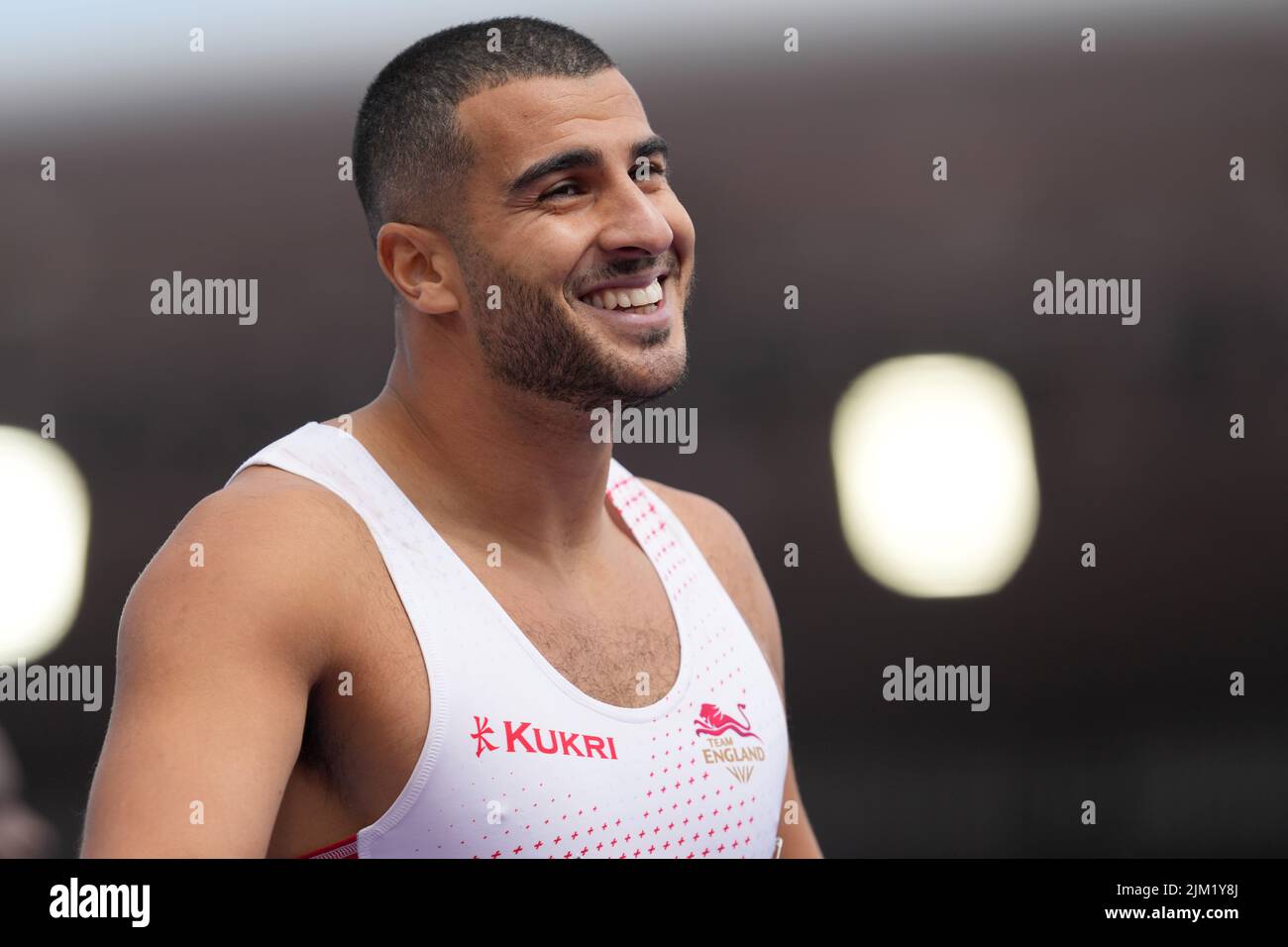 England's Adam Gemili reacts after heat six of the Men's 200 metres, round one at Alexander Stadium on day seven of the 2022 Commonwealth Games in Birmingham. Picture date: Thursday August 4, 2022. Stock Photo