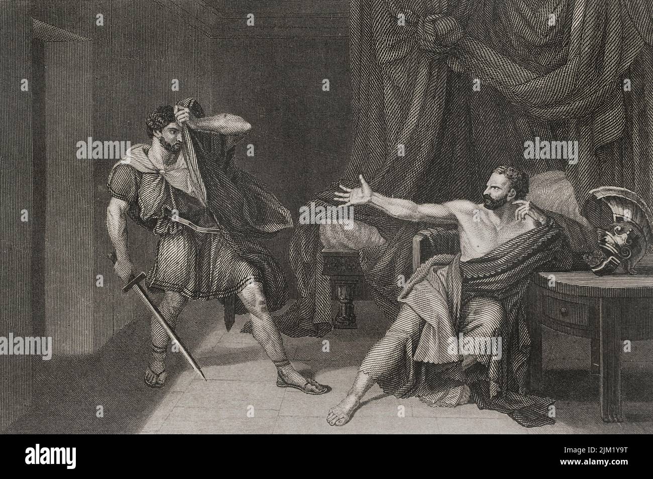 Gaius Marius (ca. 157 BC - 86 BC). Roman general and consul. Marius prisoner at Minturnae. It depicts the attempted execution of the consul Gaius Marius when he was captured in Minturnae. Engraving after a painting by Jean-Germain Drouais. 'Historia Universal', by César Cantú. Volume II, 1854. Stock Photo