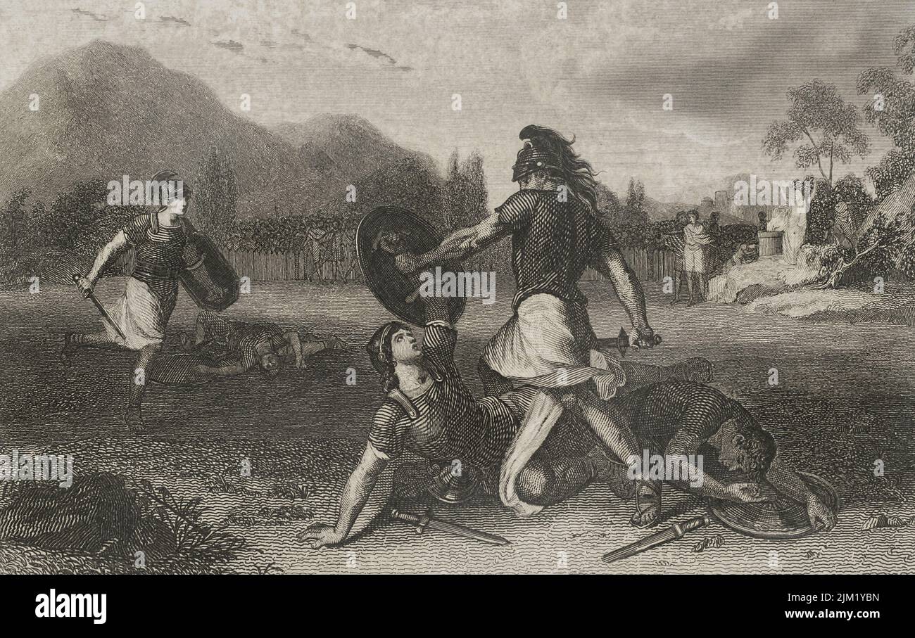 Fight between the Horatii and the Curiatii. Engraving. 'Historia Universal', by César Cantú. Volume I, 1854. Stock Photo