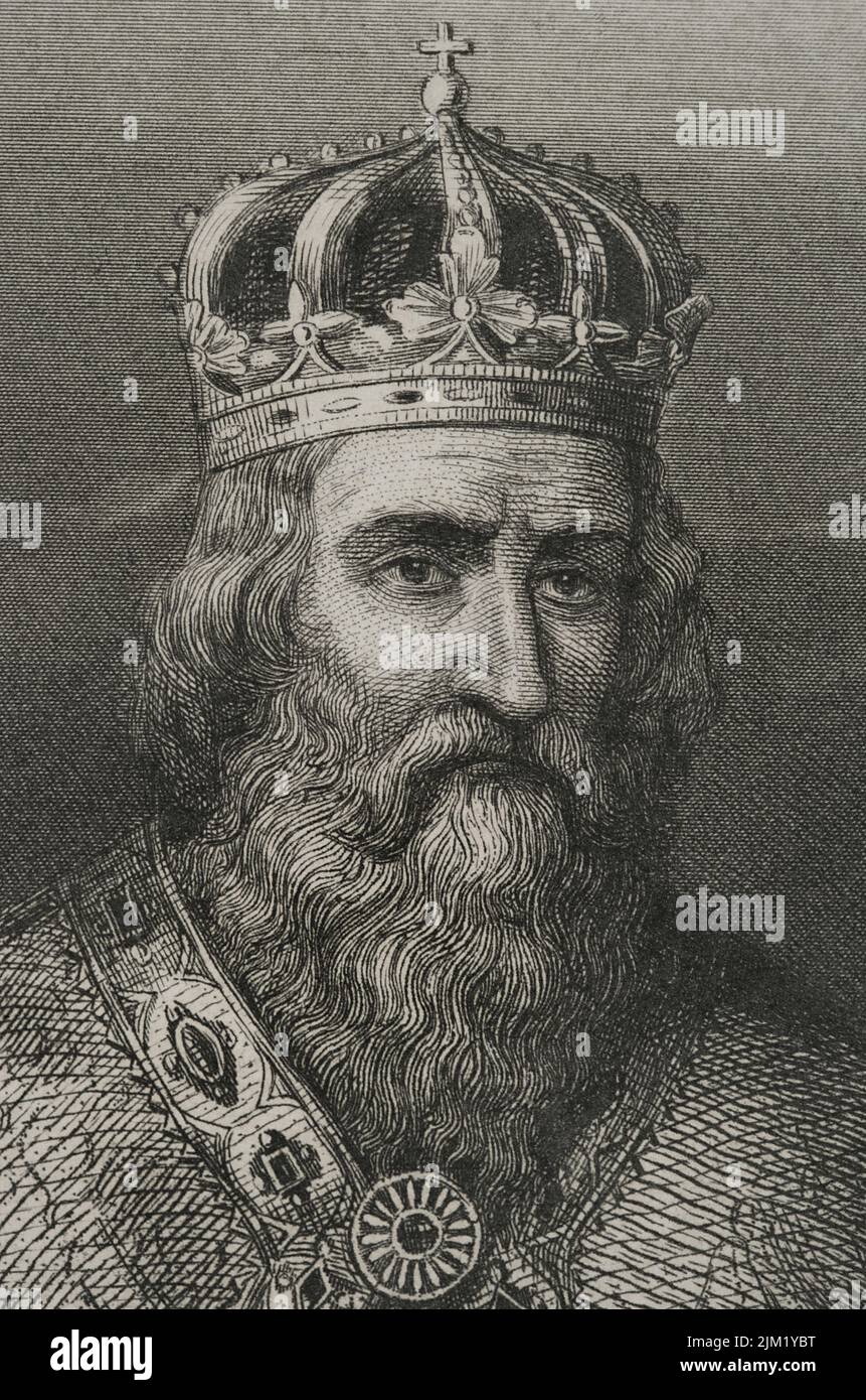 Charlemagne (742-814). King of the Franks (768-814), king of the Lombards (774-814), and emperor of the Holy Roman Empire (800-814). Portrait. Engraving. Detail. "Historia Universal", by César Cantú. Volume III, 1855. Stock Photo